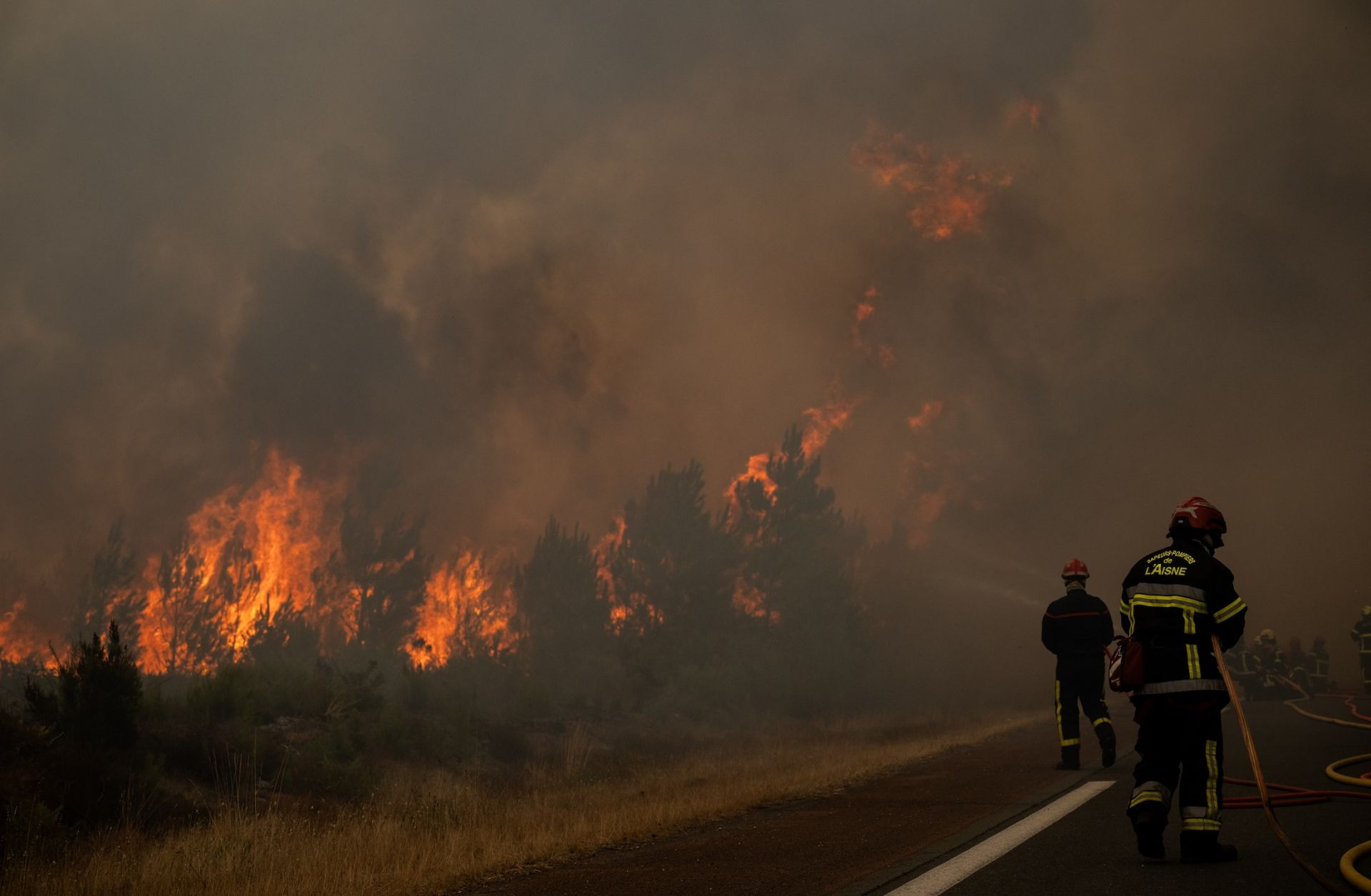 Firefighters spray water along the edge of a forest during a wildfire in southwestern France on July 25, 2026. 