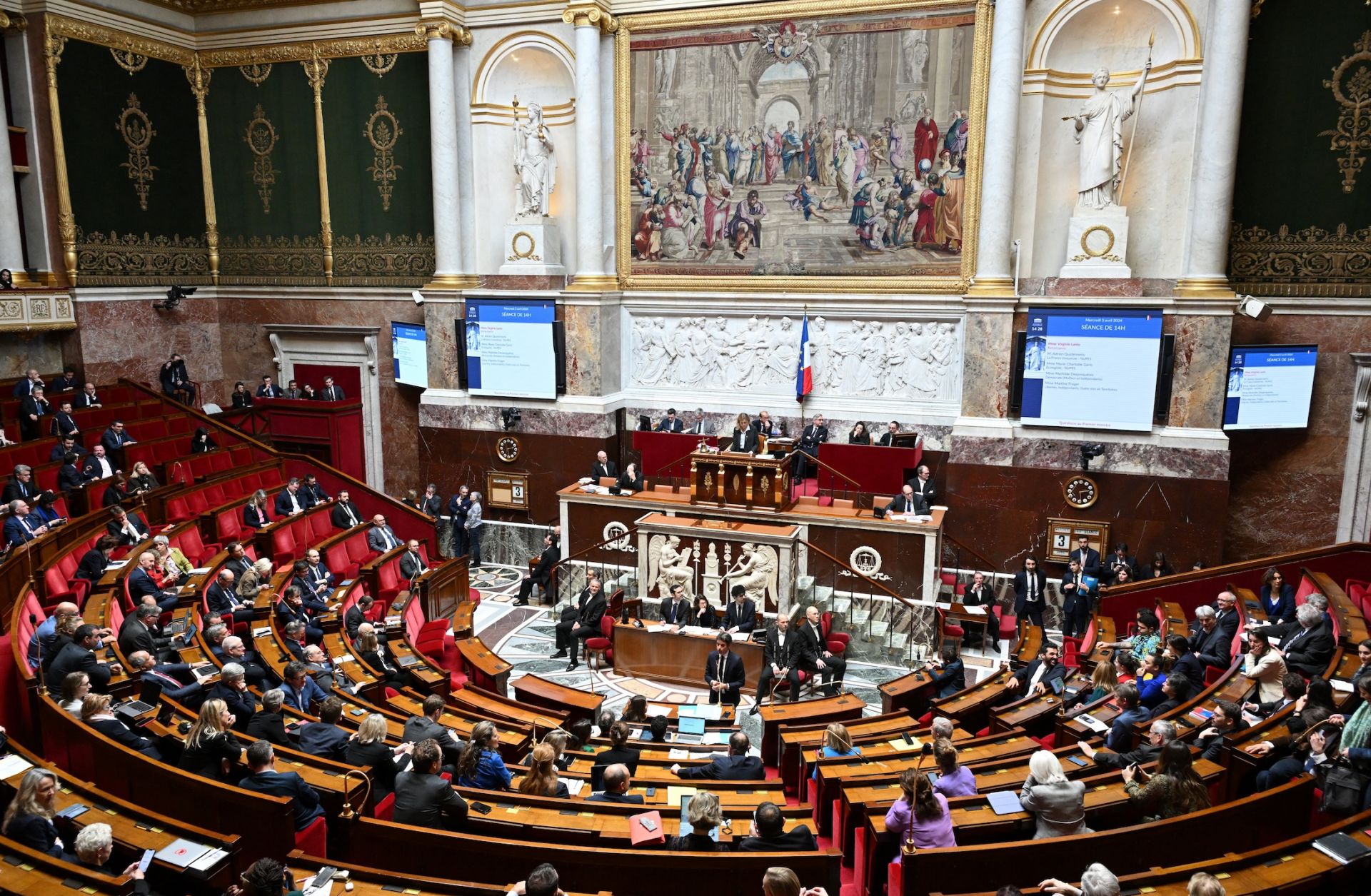 France's Prime Minister Gabriel Attal (C) speaks during the opening session of "Questions to the Prime Minister" at the French National Assembly in Paris, on April 3, 2024.