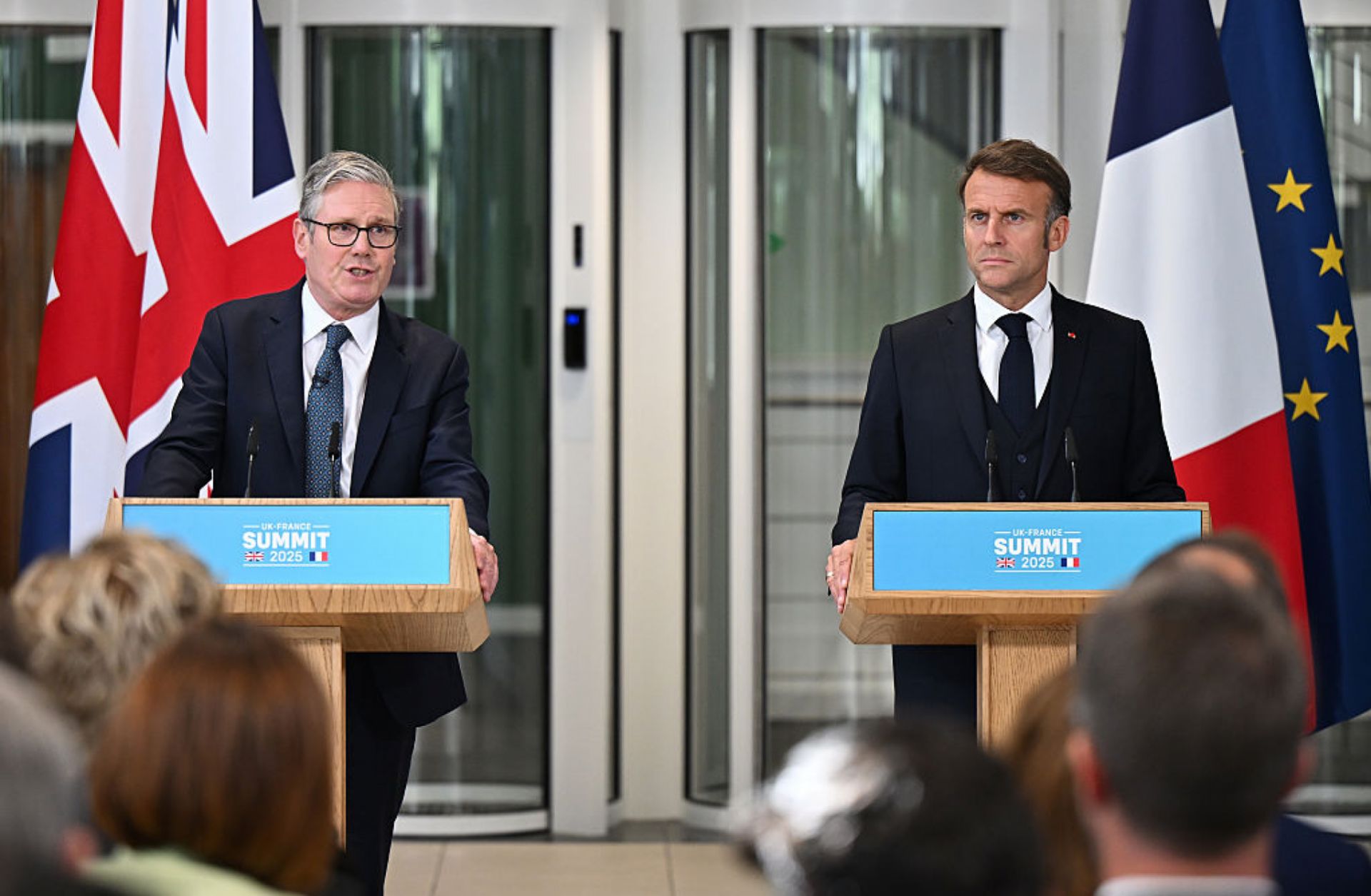 U.K. Prime Minister Keir Starmer (L) and French President Emmanuel Macron hold a press conference on July 10, 2025, in London. U.K. Prime Minister Keir Starmer (L) and French President Emmanuel Macron hold a press conference on July 10, 2025, in London.