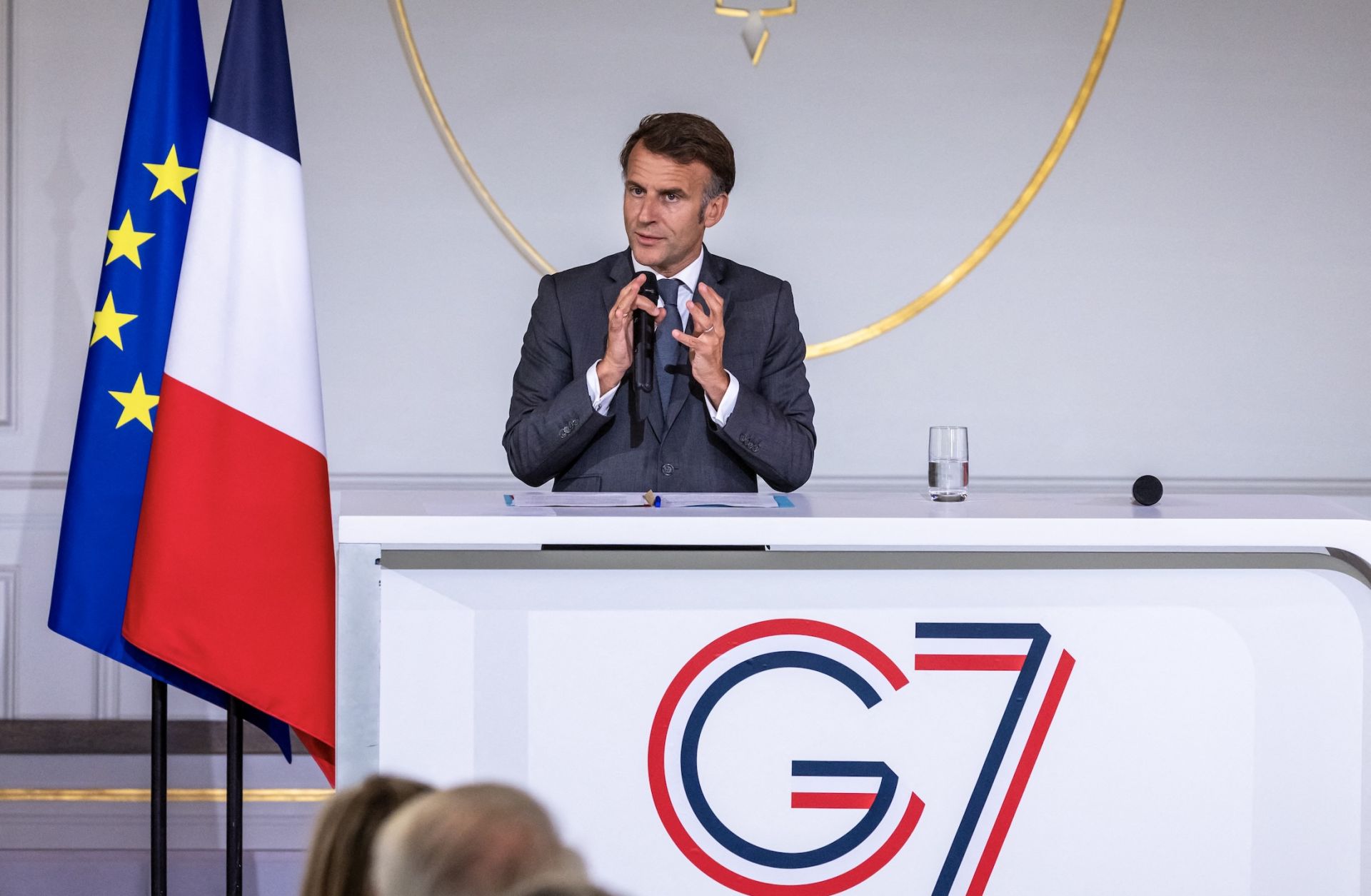 French President Emmanuel Macron speaks during a meeting with leaders of the G7 Engagement Groups ahead of the upcoming G7 summit at the Elysee Palace in Paris on June 10, 2026. 