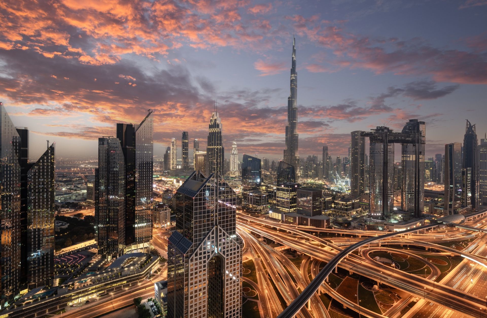 The city skyline in Dubai is seen at sunset.