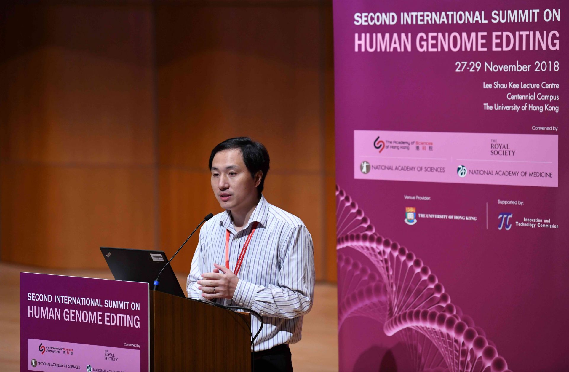 Chinese scientist He Jiankui speaks at the Second International Summit on Human Genome Editing in Hong Kong on Nov. 28, 2018.
