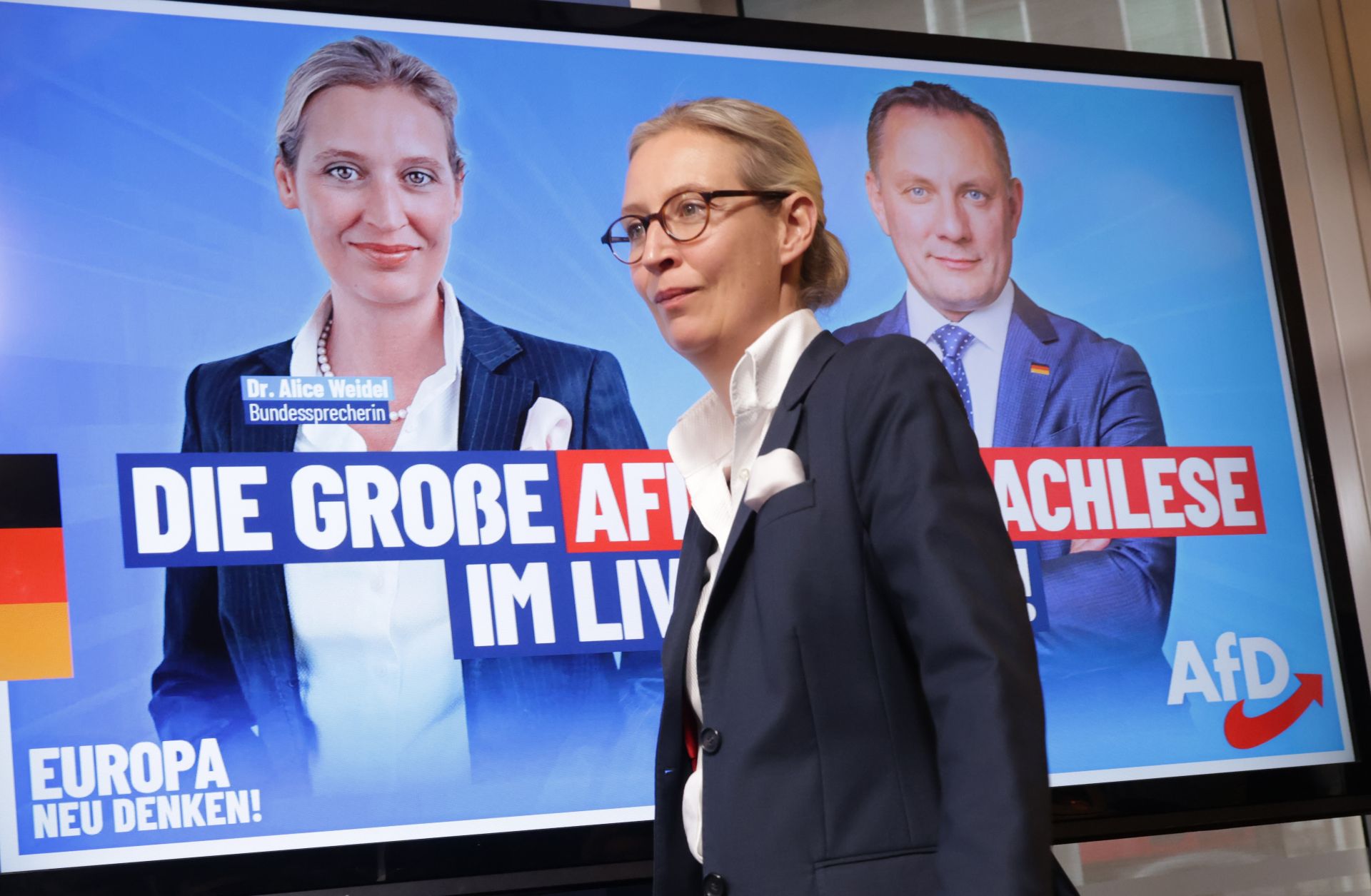 Alice Weidel, co-leader of the far-right Alternative for Germany (AfD) political party, arrives to speak to the media in Berlin on June 10, 2024, the day after the elections for the European Parliament were held in Germany.