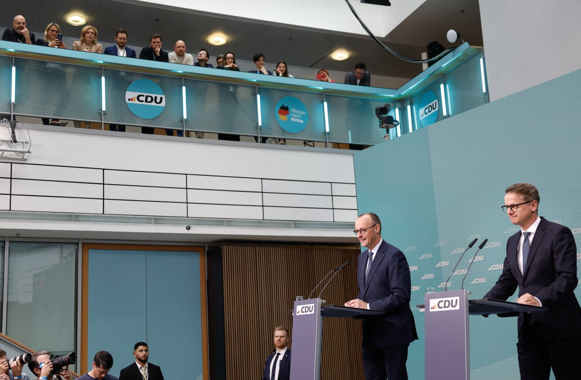 CDU leader Friedrich Merz (left) and the party's secretary general, Carsten Linnemann, hold a post-election press conference in Berlin, Germany, on Feb. 24, 2025. 