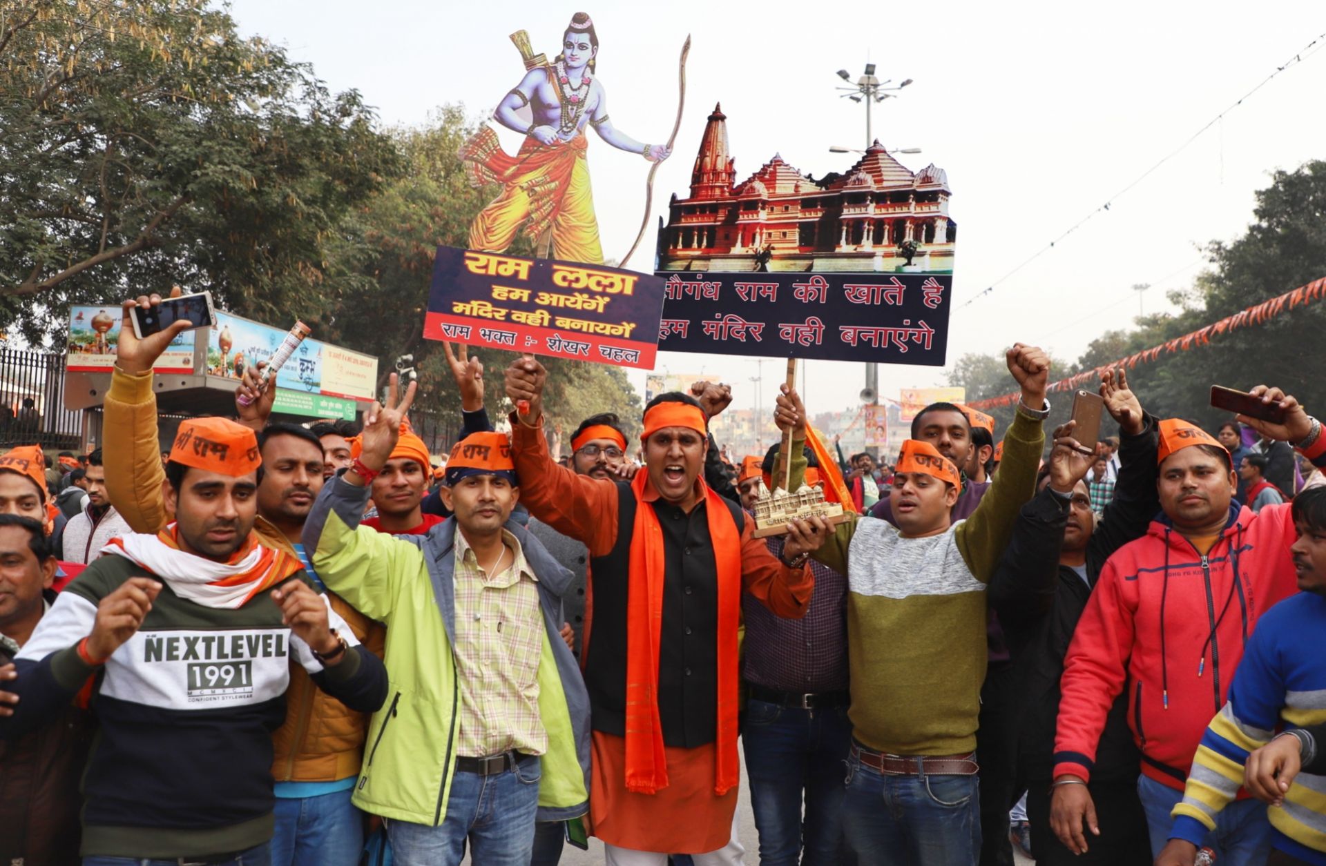 Supporters of the Vishva Hindu Parishad, a Hindu nationalist organization, attend a religious congregation organized by the group in New Delhi on Dec. 9, 2018. 