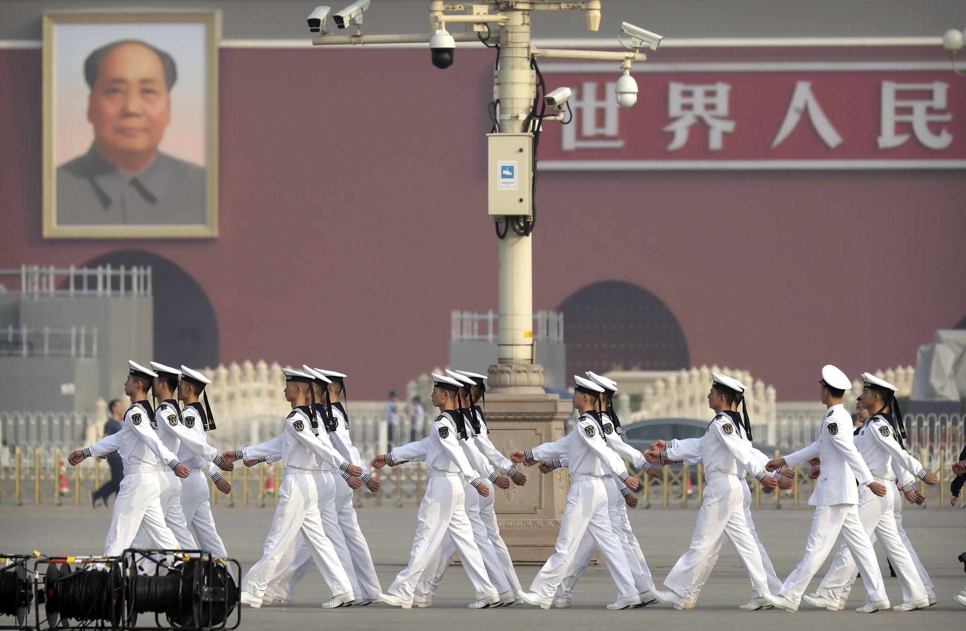 Cadets from China's People's Liberation Army (PLA) Navy march in formation before a ceremony at Tiananmen Square in Beijing on Sept. 30, 2019. Cadets from China's People's Liberation Army (PLA) Navy march in formation before a ceremony at Tiananmen Square in Beijing on Sept. 30, 2019.