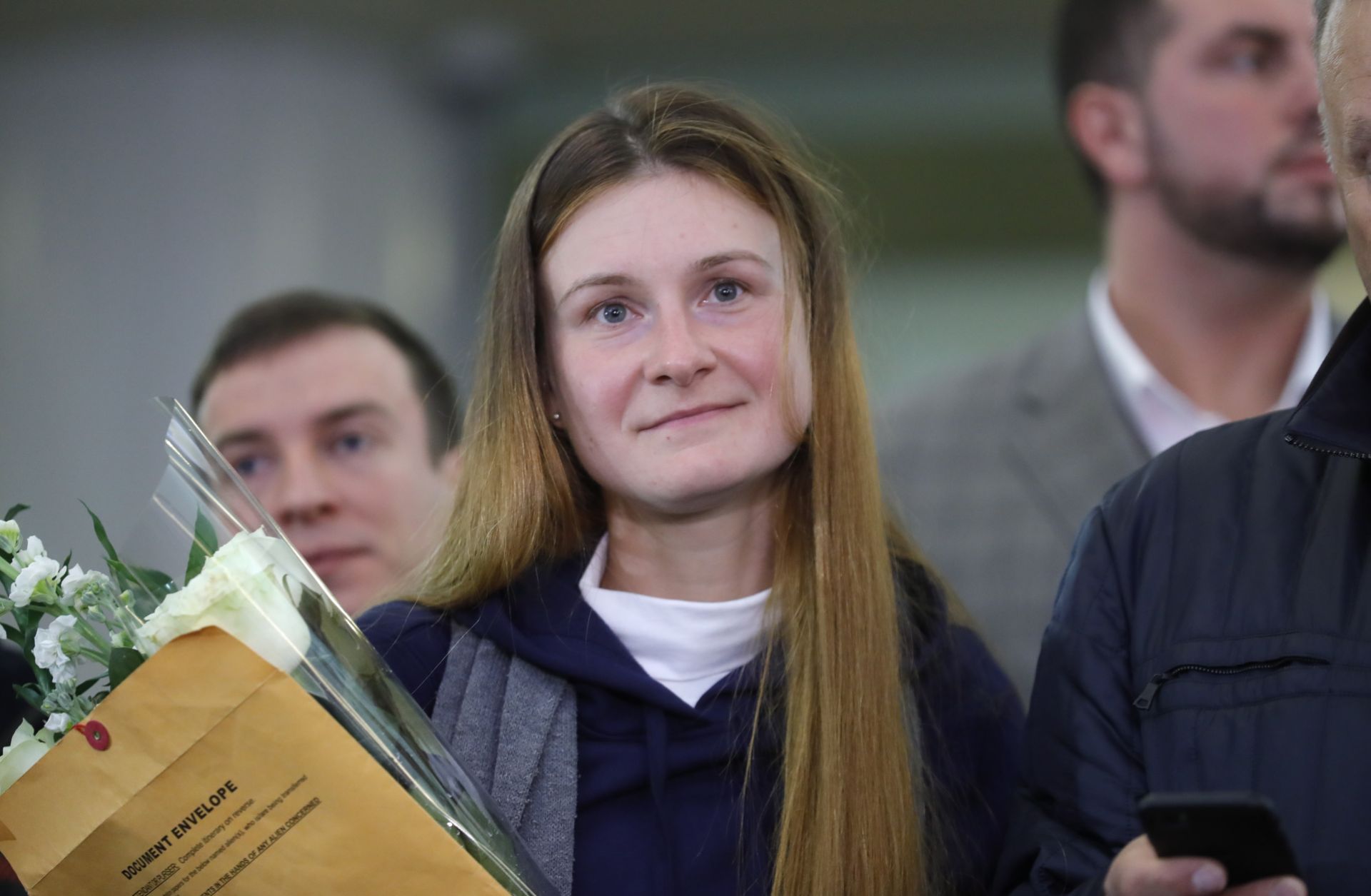 Russia's Maria Butina arrives at Moscow's Sheremetyevo International Airport on Oct. 26, 2019, after her deportation from the United States for failing to register as a foreign agent.
