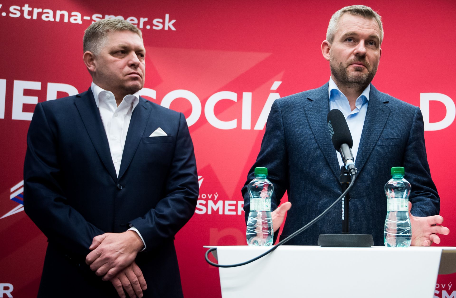 Robert Fico (left), Slovakia's former prime minister and leader of the populist Smer party, and then-Prime Minister Peter Pellegrini attend a press conference in Bratislava, Slovakia, on March 1, 2020.