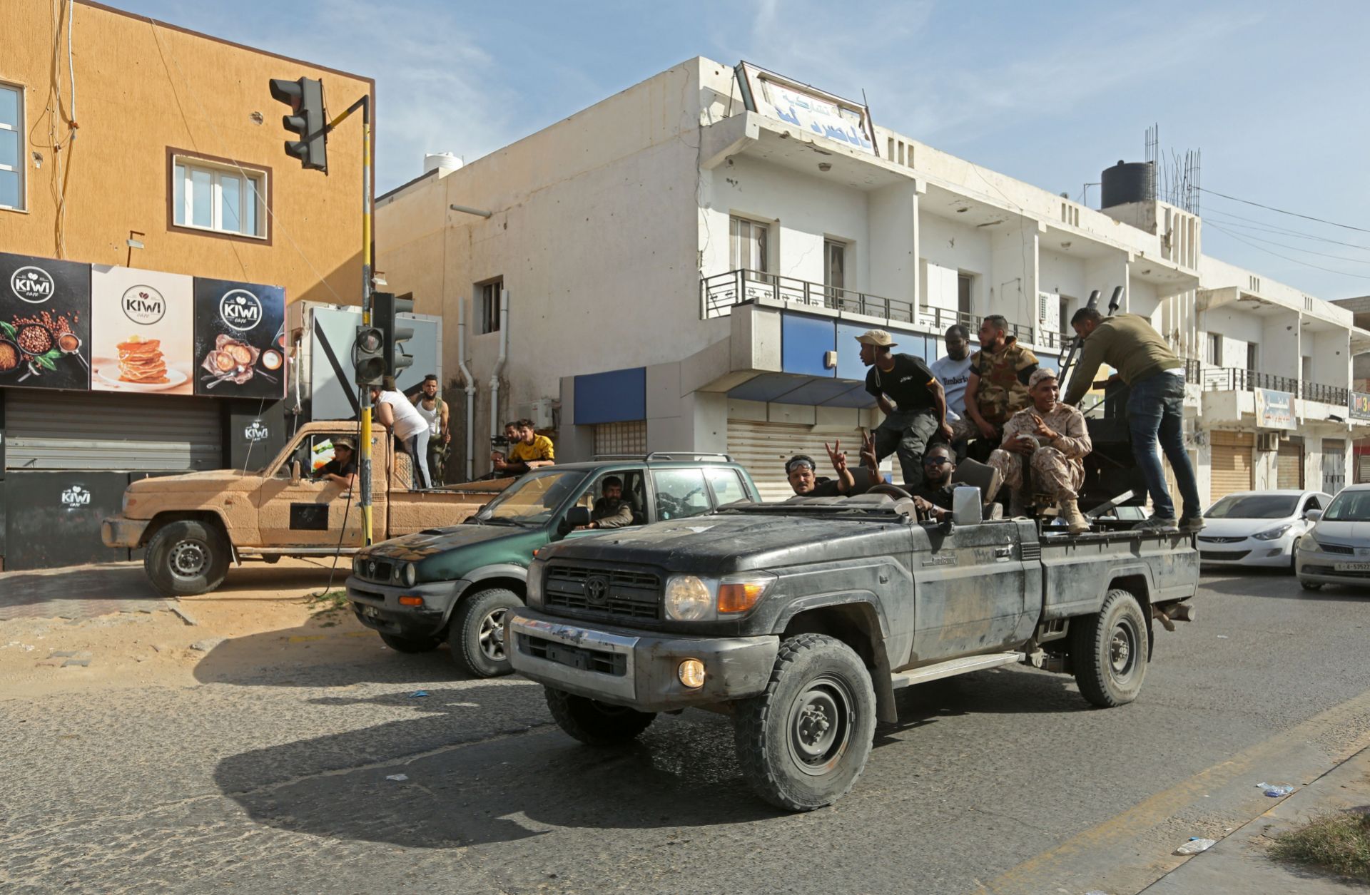 Fighters loyal to the U.N.-recognized Government of National Accord (GNA) celebrate in Sabratha, Libya, after seizing the coastal city from Khalifa Hifter’s rebel troops on April 13, 2020. 