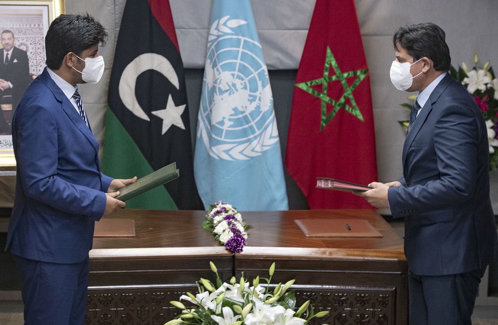 Representatives of Libya's rival administrations take part in a meeting in Temara, Morocco, on Oct. 6, 2020. 