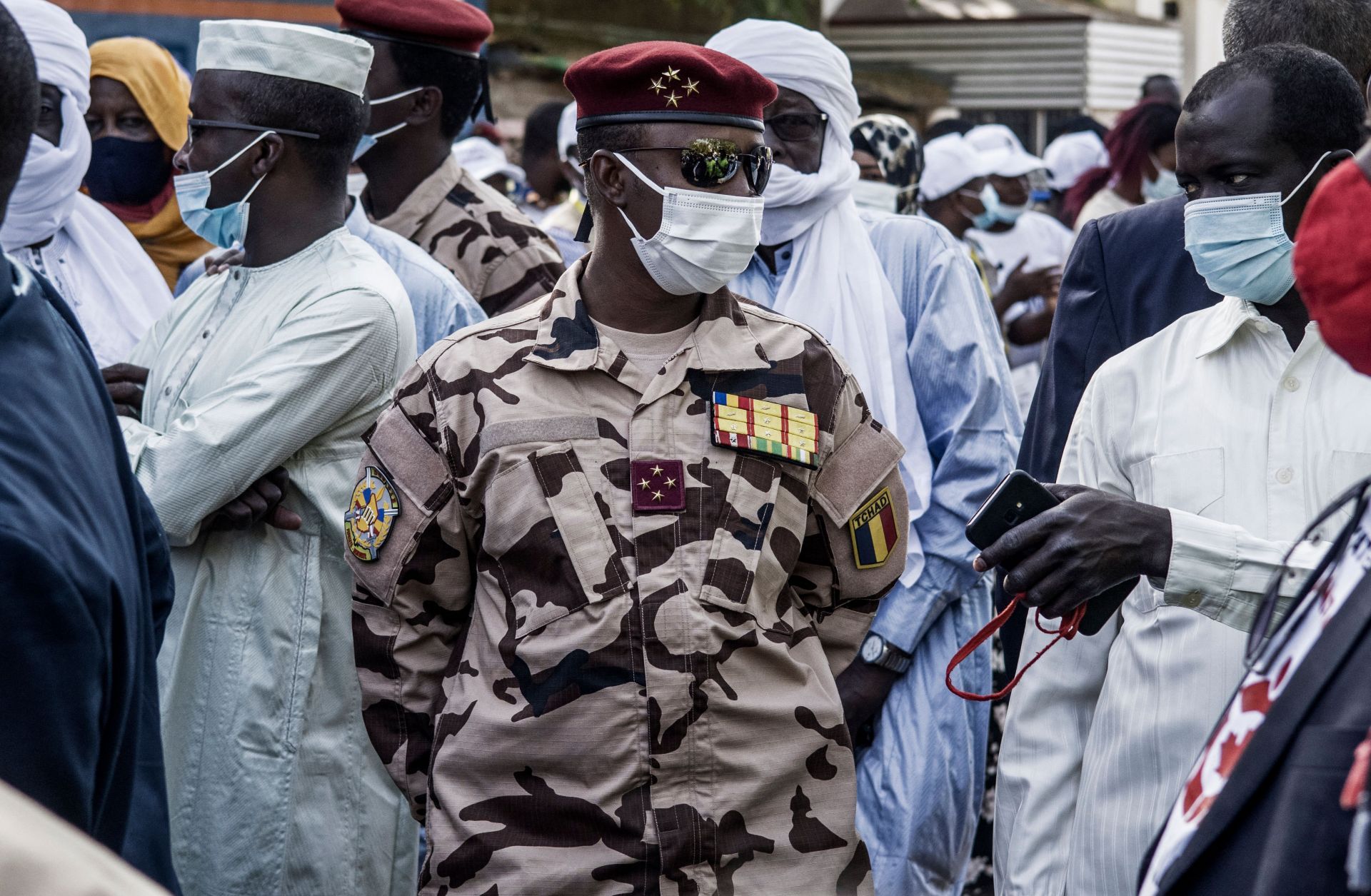 Four Star General Mahamat Idriss Deby Itno (center), son of late Chadian President Idriss Deby Itno, is seen at a polling station in N'djamena on April 11, 2021. 