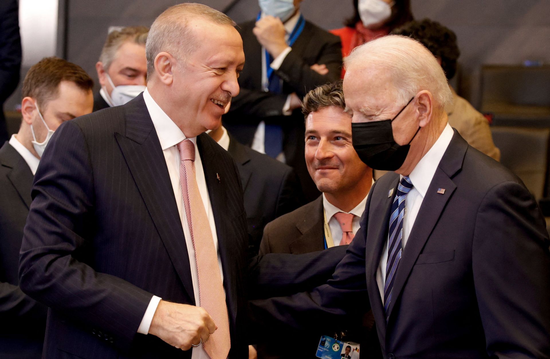 U.S. President Joe Biden (right) speaks with Turkish President Recep Tayyip Erdogan at NATO’s headquarters in Brussels, Belgium, on June 14, 2021. 