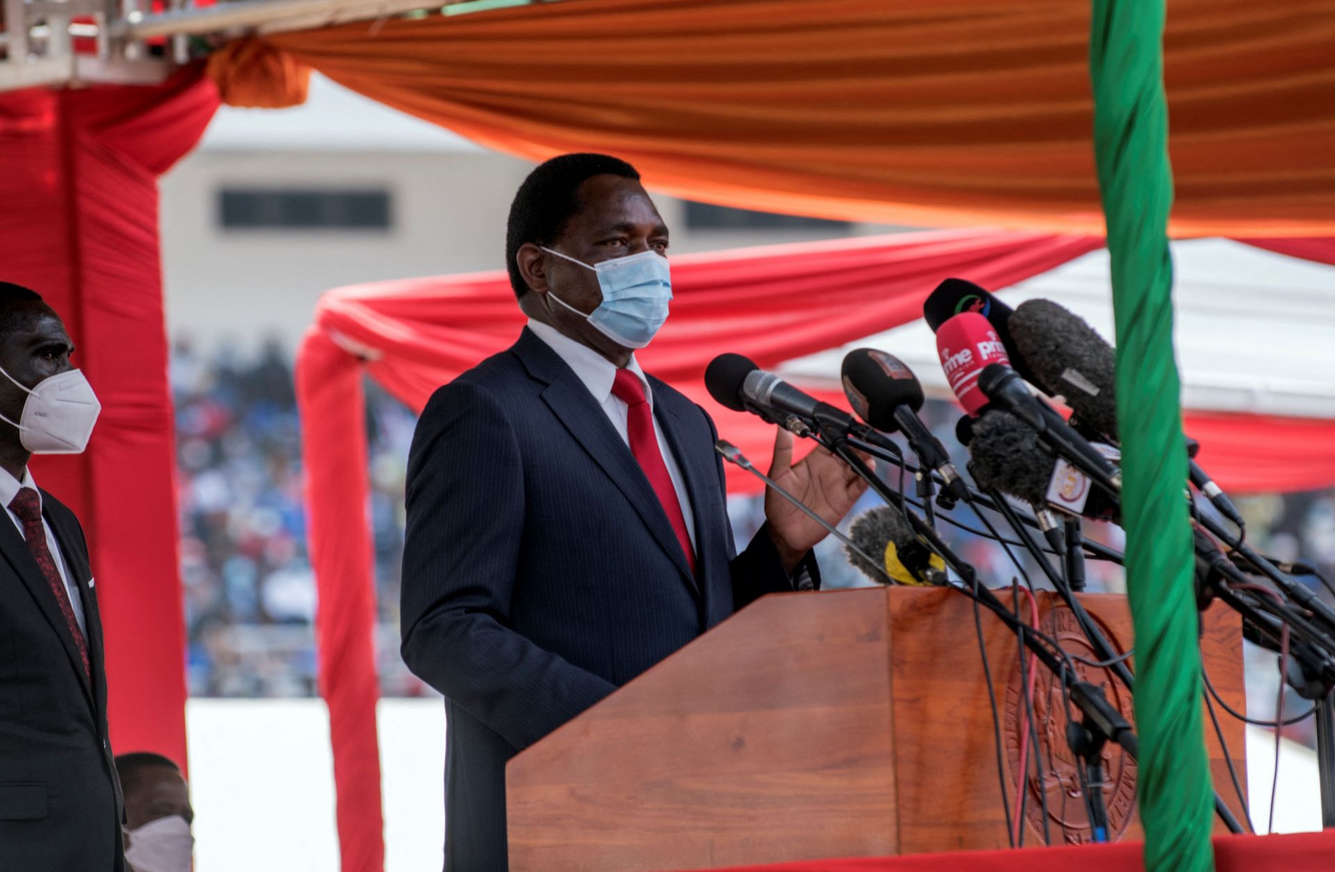 Newly elected Zambian President Hakainde Hichilema delivers a speech during his inauguration at the Heroes Stadium in Lusaka on Aug. 24, 2021. 