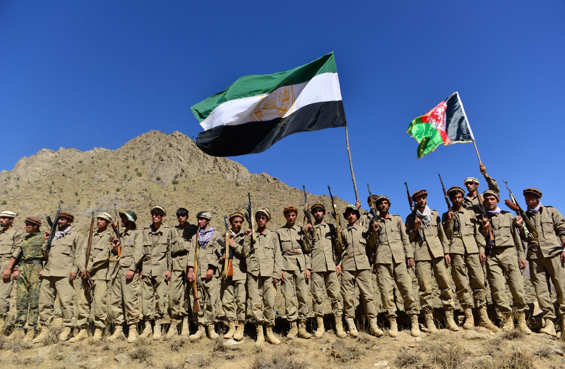 Anti-Taliban resistance forces take part in a military training exercise in Afghanistan’s Panjshir province on Sept. 2, 2021. 