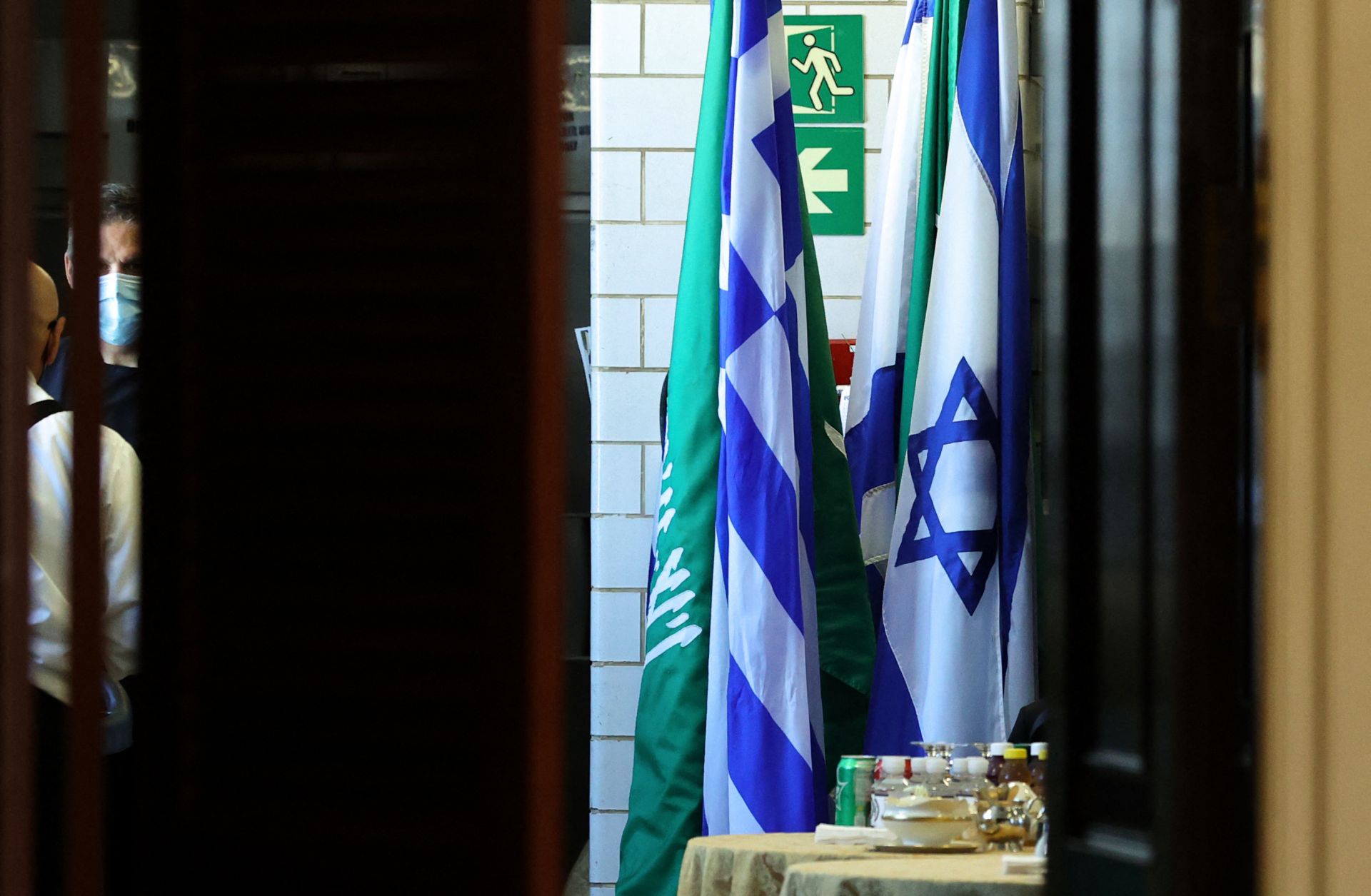 The flags of Saudi Arabia and Israel are seen outside a meeting at the U.S. State Department in Washington D.C. on Oct. 14, 2021. 
