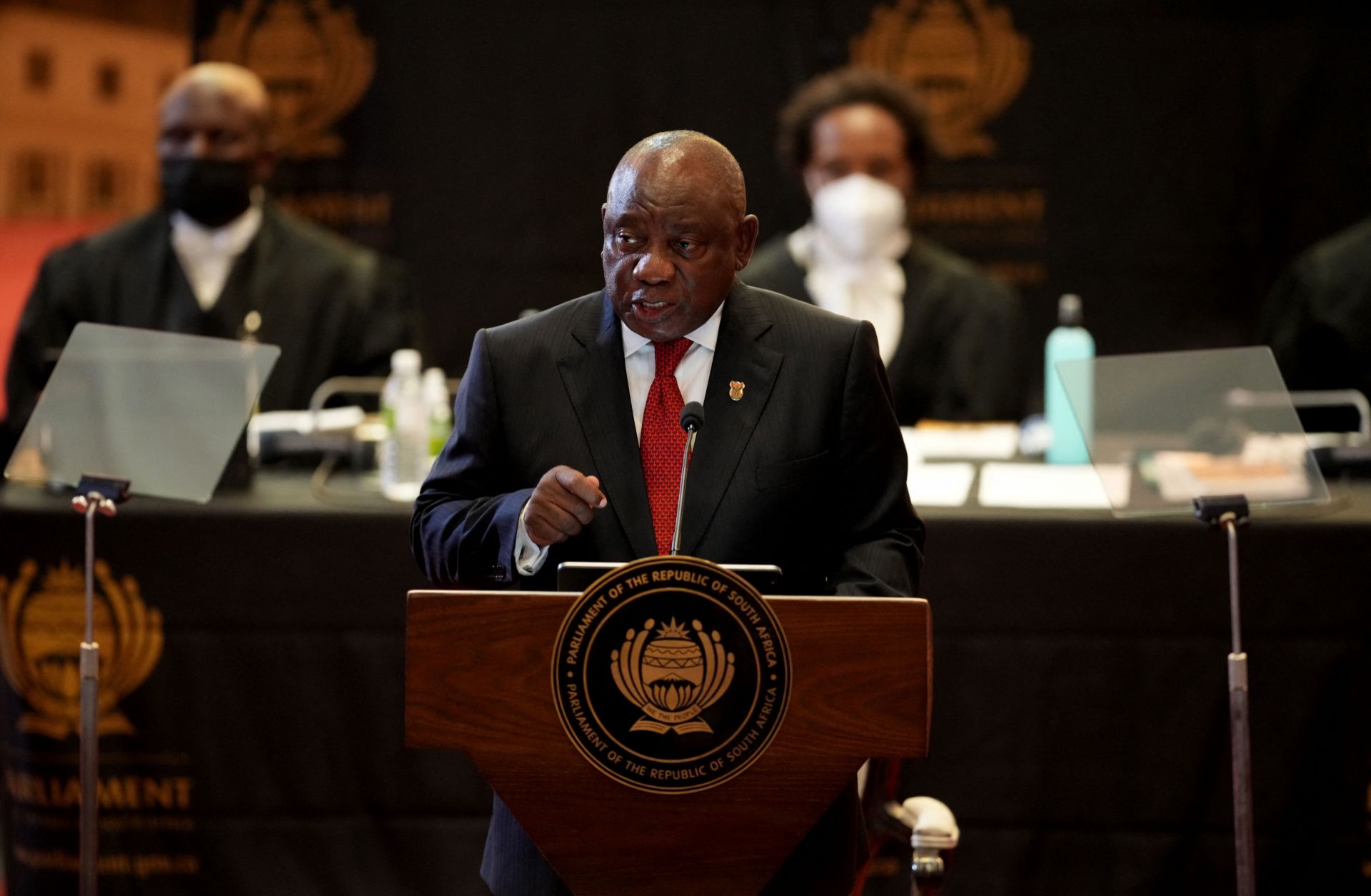 South African President Cyril Ramaphosa delivers his State of the Nation address in Cape Town, South Africa, on Feb. 10, 2022.