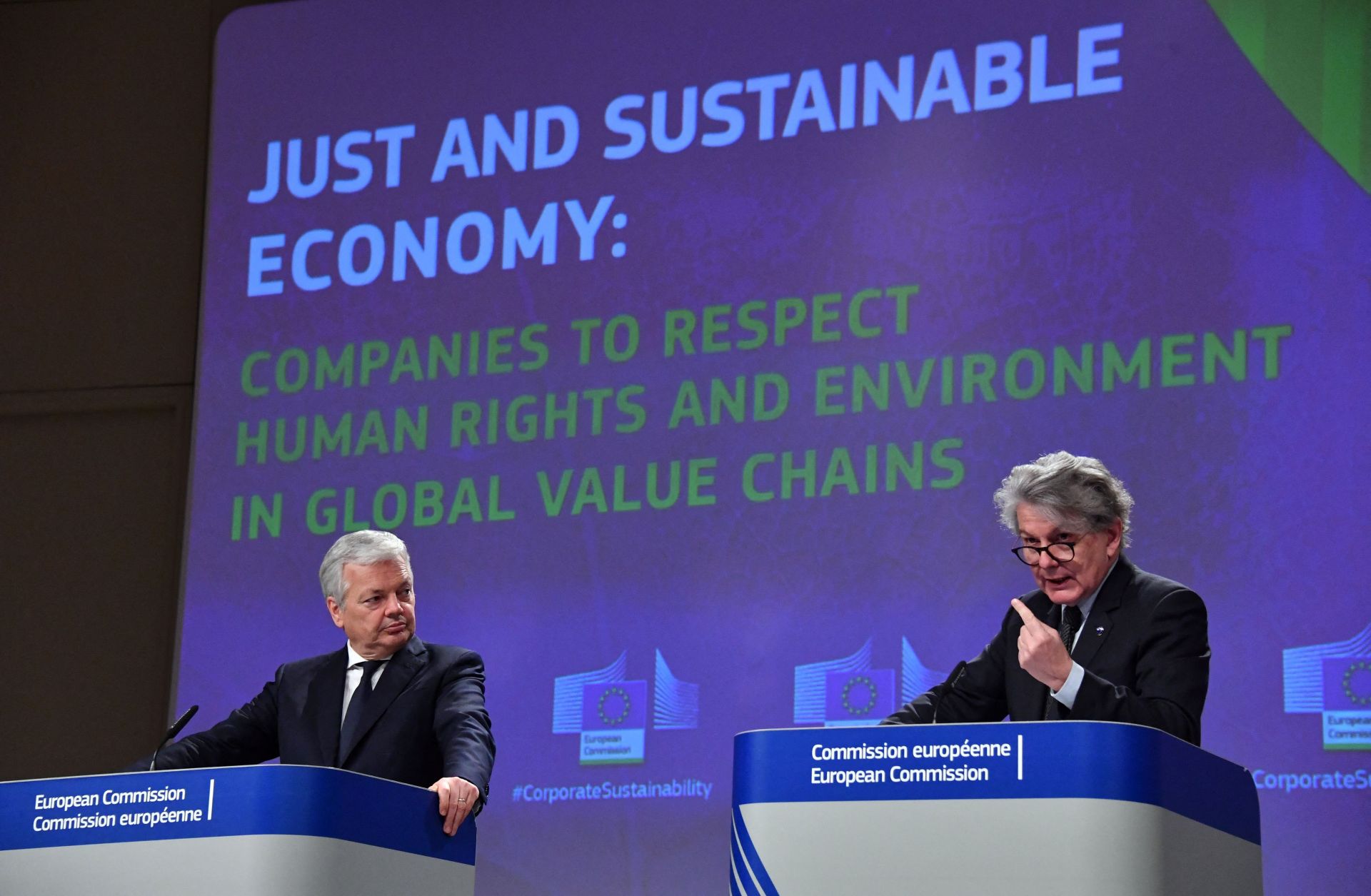 European Commissioner for Justice Didier Reynders (left) and European Commissioner for Internal Market Thierry Breton (right) give a joint press conference on the Corporate Sustainability Due Diligence draft law at the EU headquarters in Brussels, Belgium, on Feb. 23, 2022.