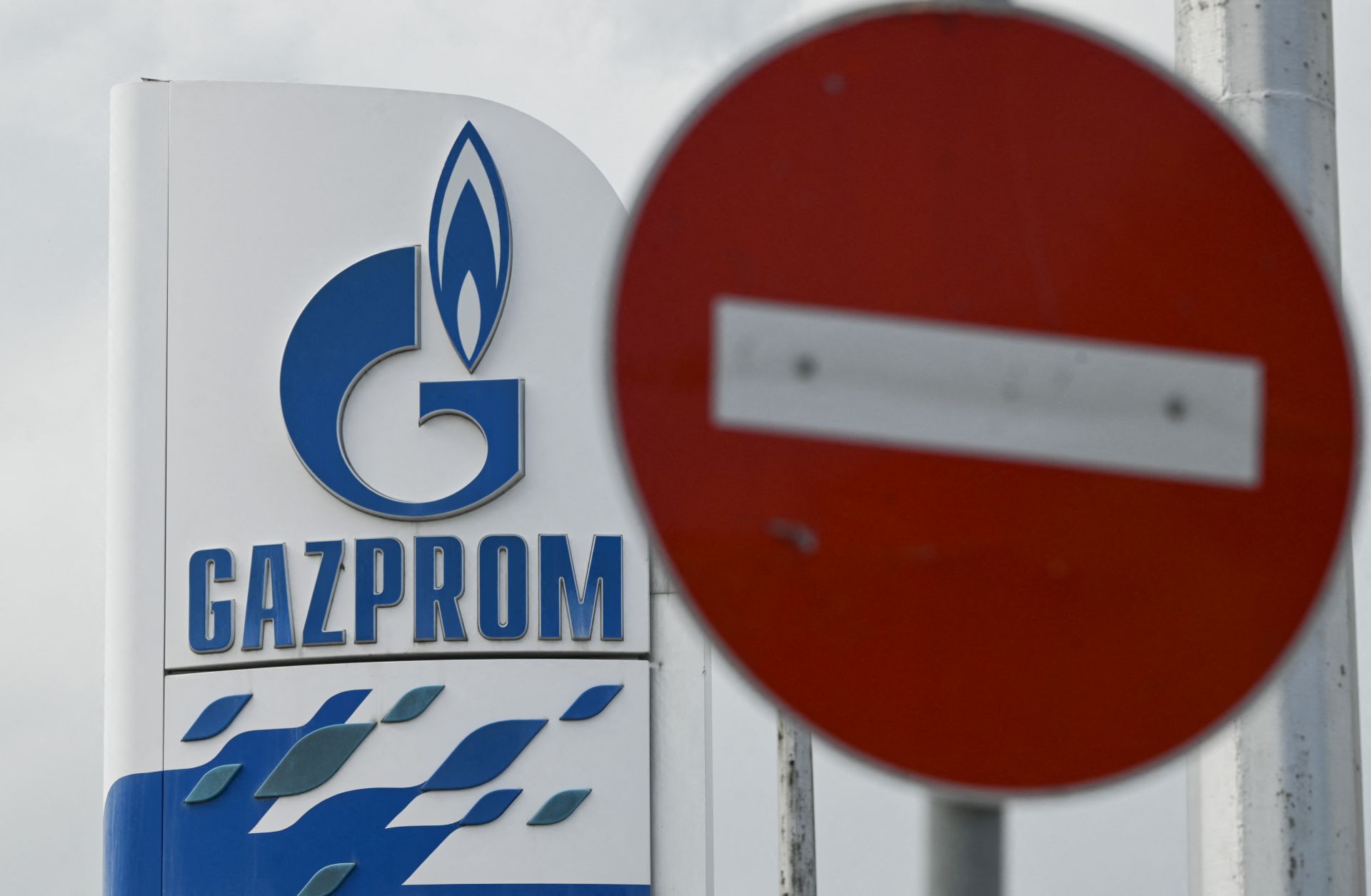 The logo of Russia's energy giant Gazprom is seen at a gas station in Sofia, Bulgaria, on April 27, 2022. 