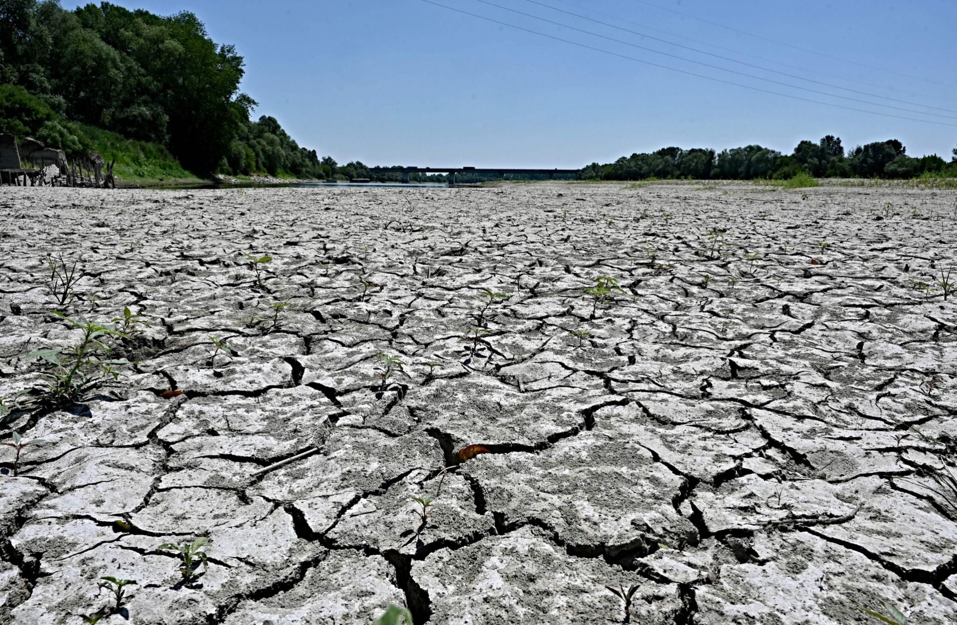 A photo taken on July 5, 2022, shows the dried-up river bed of the Po River in Italy's Veneto region. Water levels in Italy's largest river have reached record lows amid a severe drought.