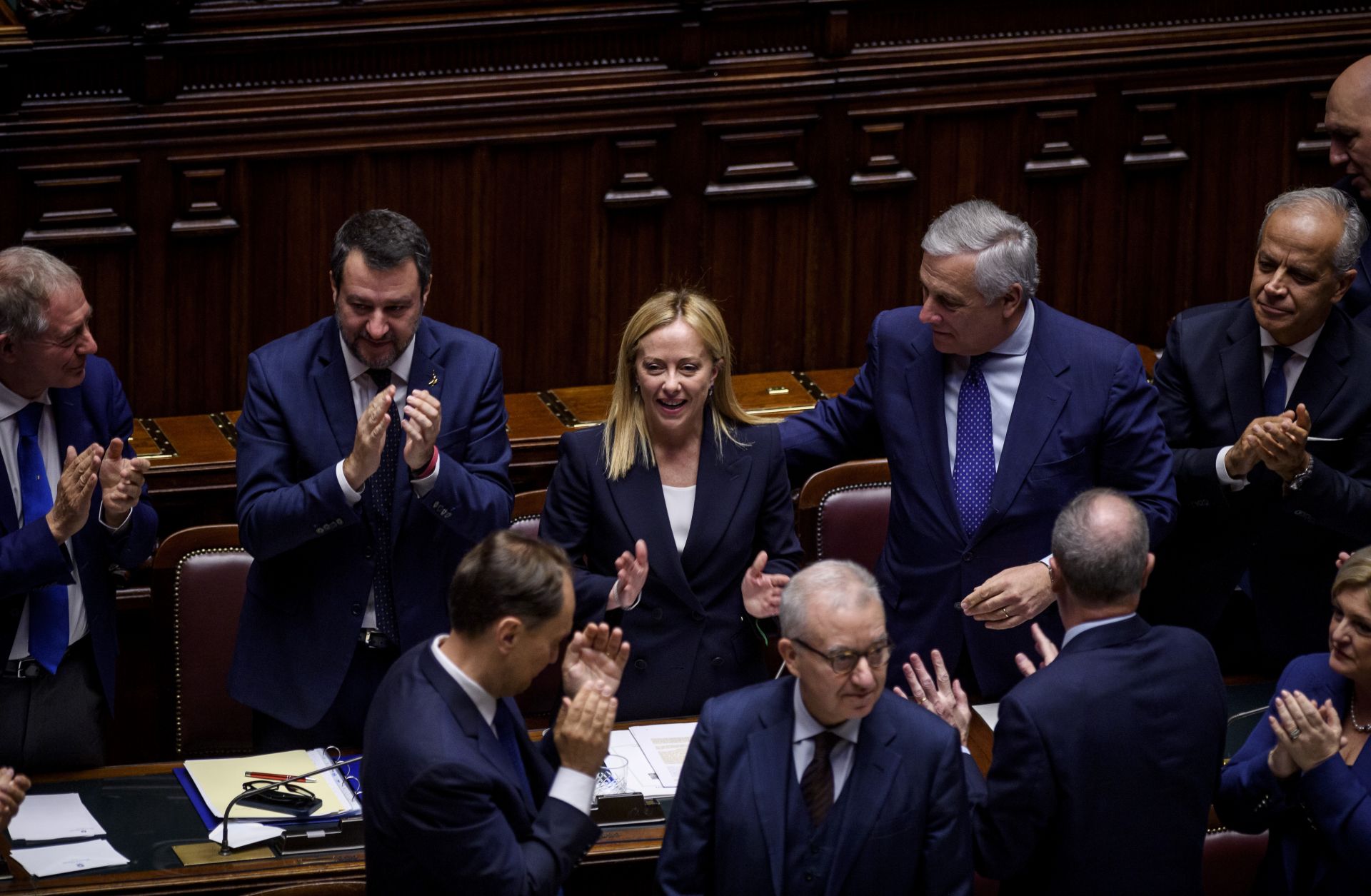 Italian Prime Minister Giorgia Meloni and members of her newly appointed cabinet attend a debate in Italy’s Chamber of Deputies ahead of the confidence vote on the new Italian government on Oct. 25, 2022. 