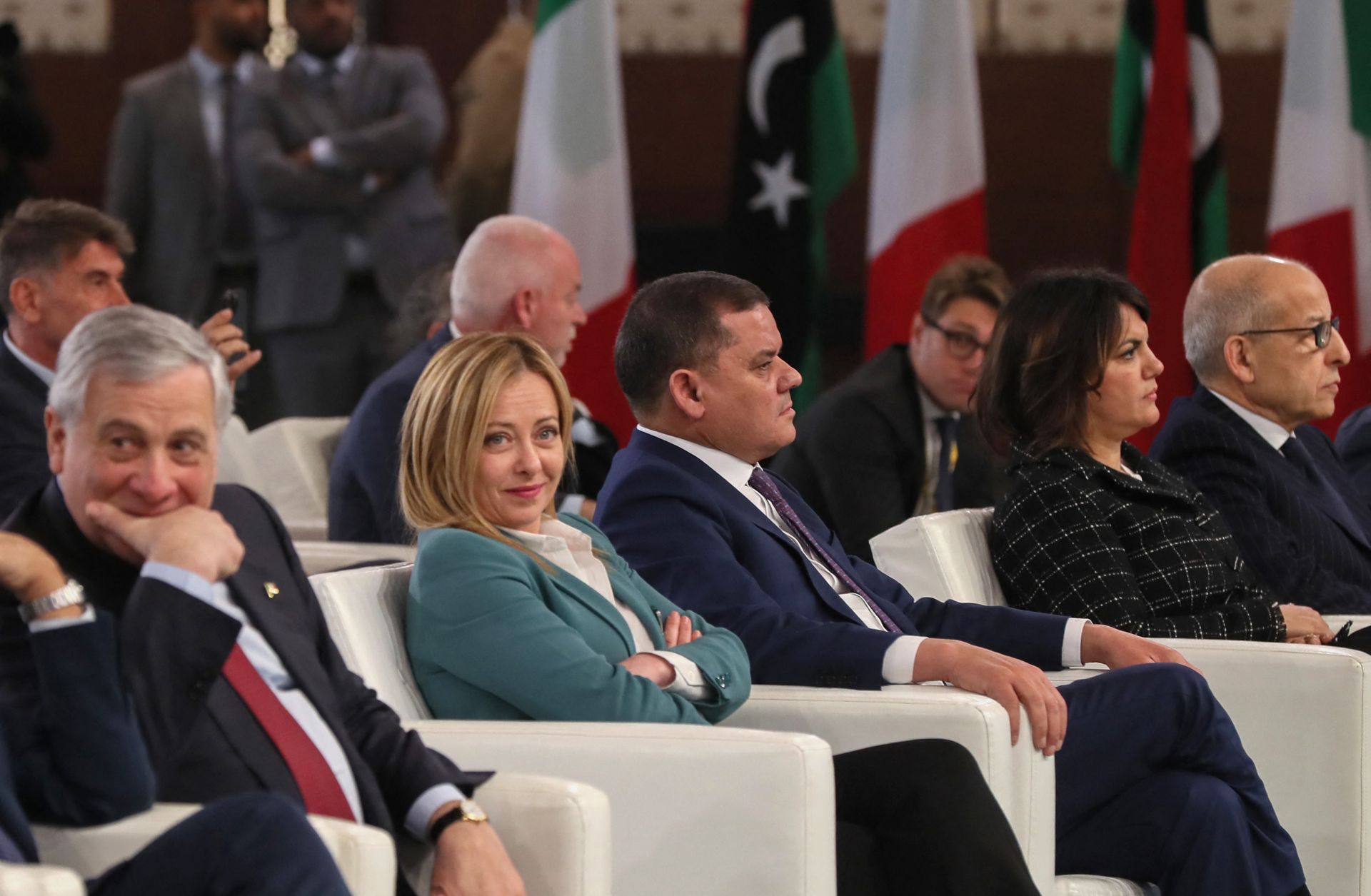 Italian Prime Minister Giorgia Meloni (2nd L) and Libya's Tripoli-based Prime Minister Abdul Hamid Dbeibah (3rd L) attend an agreement-signing ceremony between Italian multinational oil and gas company Eni and the Libyan National Oil Corporation in Tripoli, Libya, on Jan. 28, 2023.