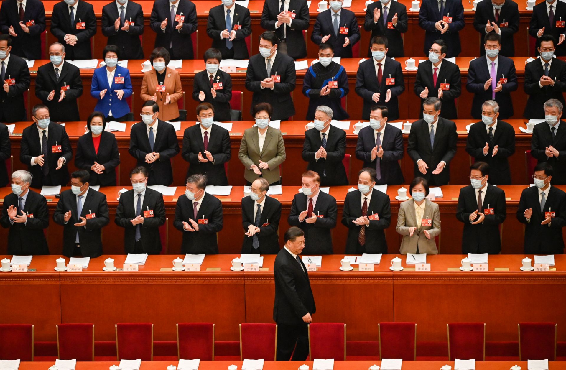 Chinese President Xi Jinping (bottom) arrives for the second plenary session of the National People's Congress with other Chinese leaders at the Great Hall of the People in Beijing, China, on March 7, 2023. 