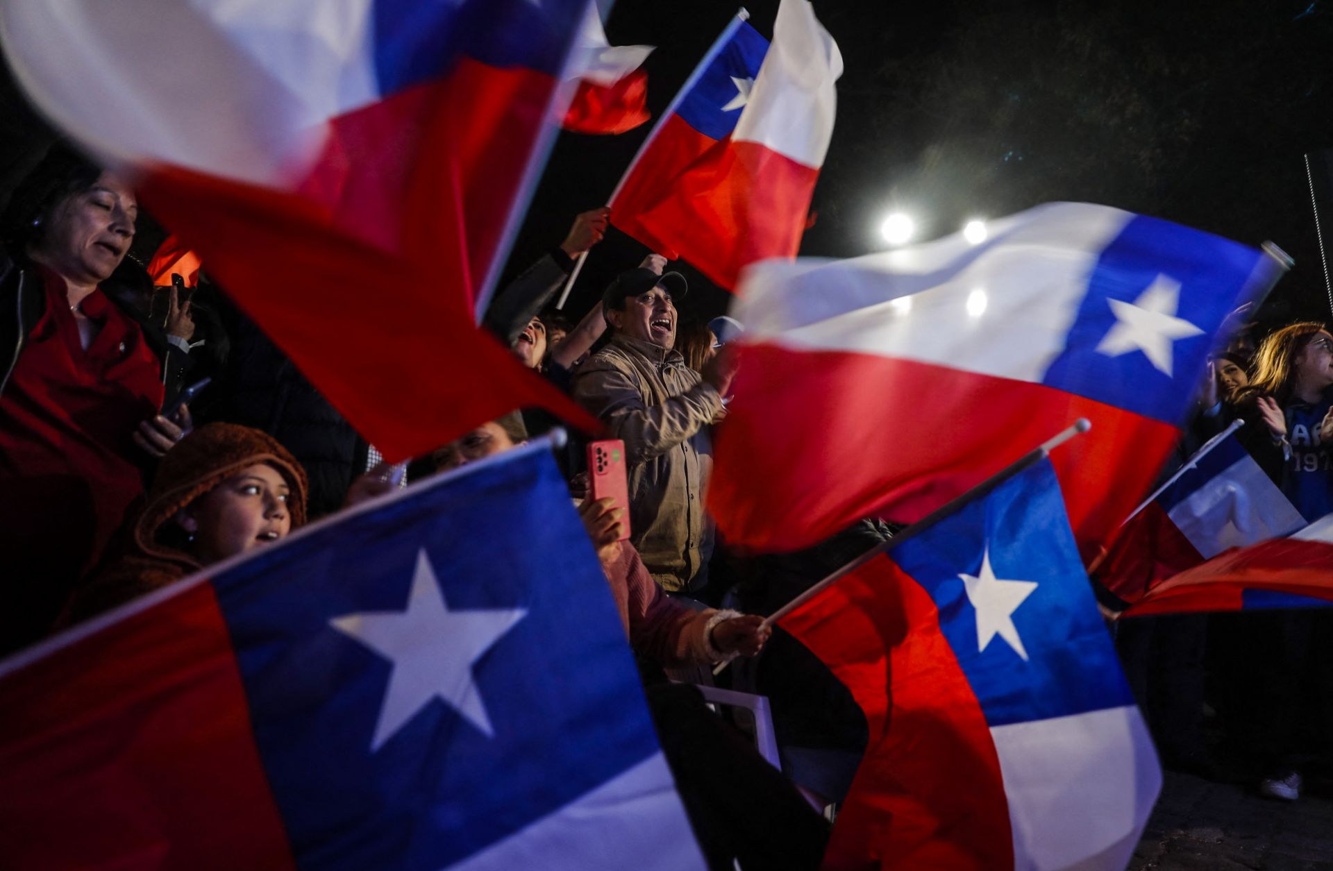 Supporters of Chile's far-right Republican Party celebrate their victory in the Constitutional Council election on May 7, 2023.