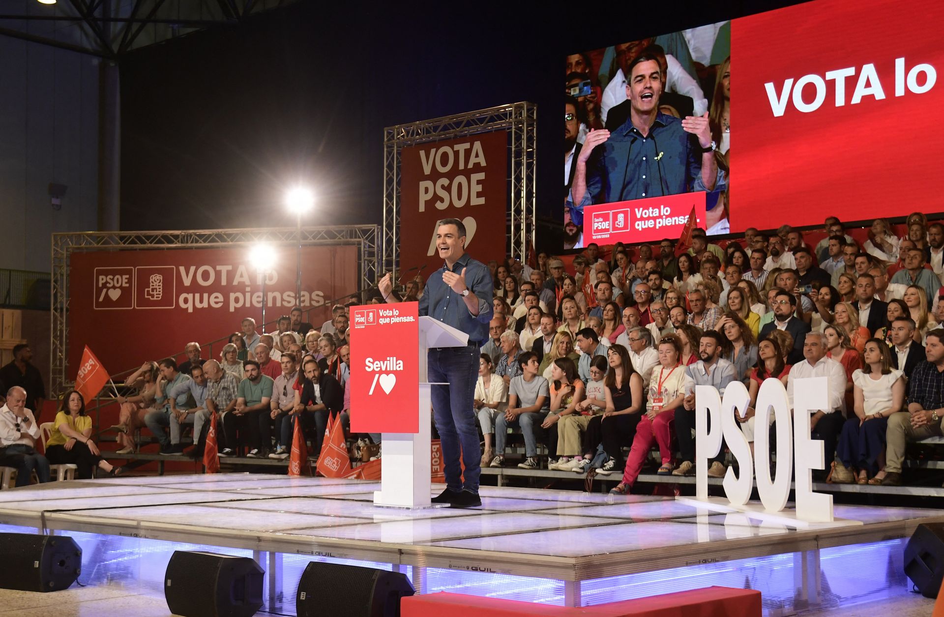 Spanish Prime Minister Pedro Sanchez speaks at a campaign rally in Seville for his Socialist Party (PSOE) on May 13, 2023, ahead of the country's May 28 regional and municipal elections. 