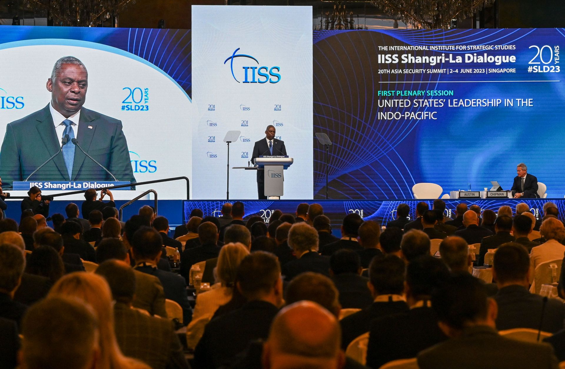 U.S. Secretary of Defense Lloyd Austin speaks during the 20th Shangri-La Dialogue summit in Singapore on June 3, 2023.