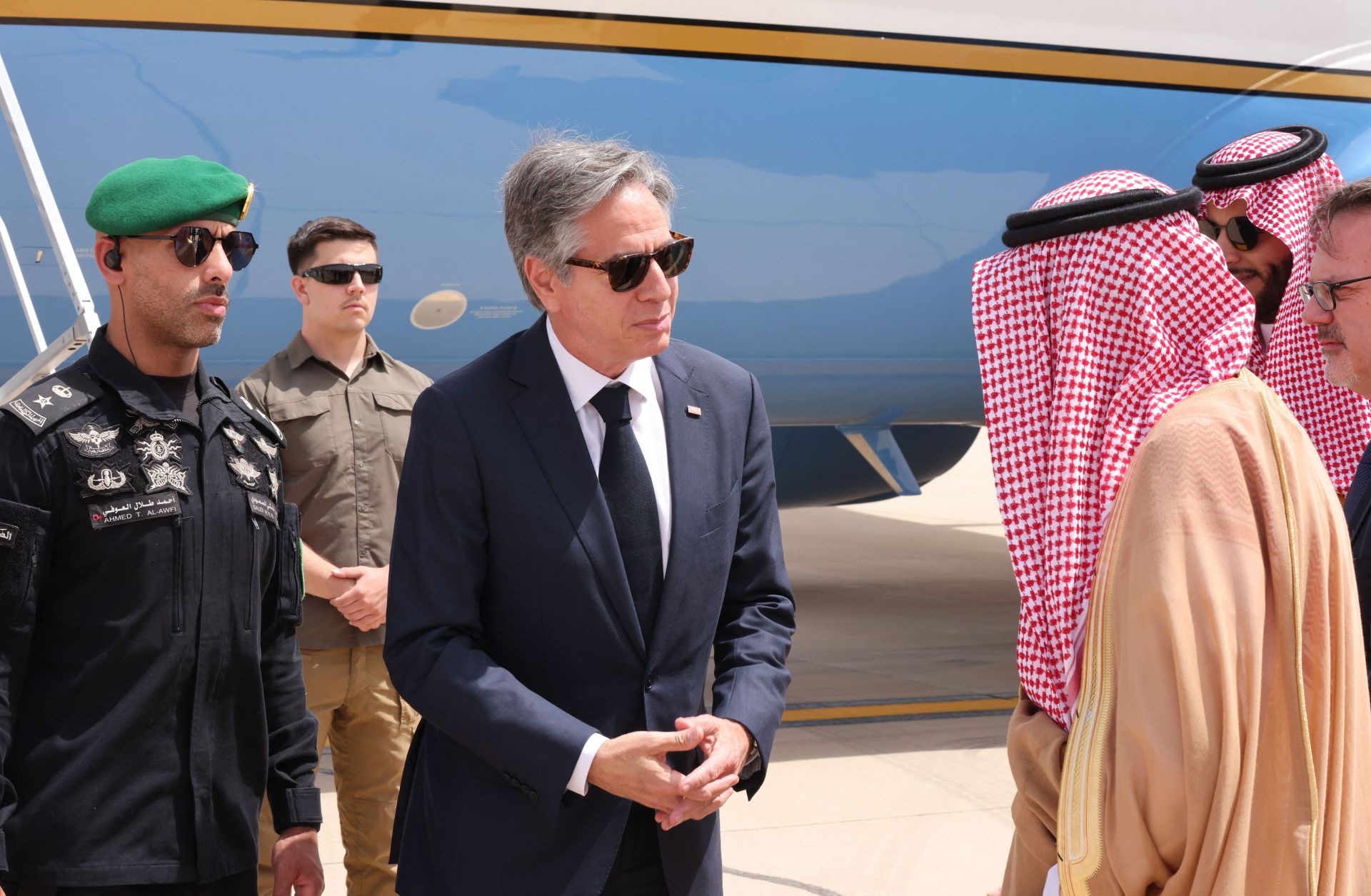 U.S. Secretary of State Antony Blinken is welcomed by Saudi officials upon arriving in Riyadh on June 7, 2023.