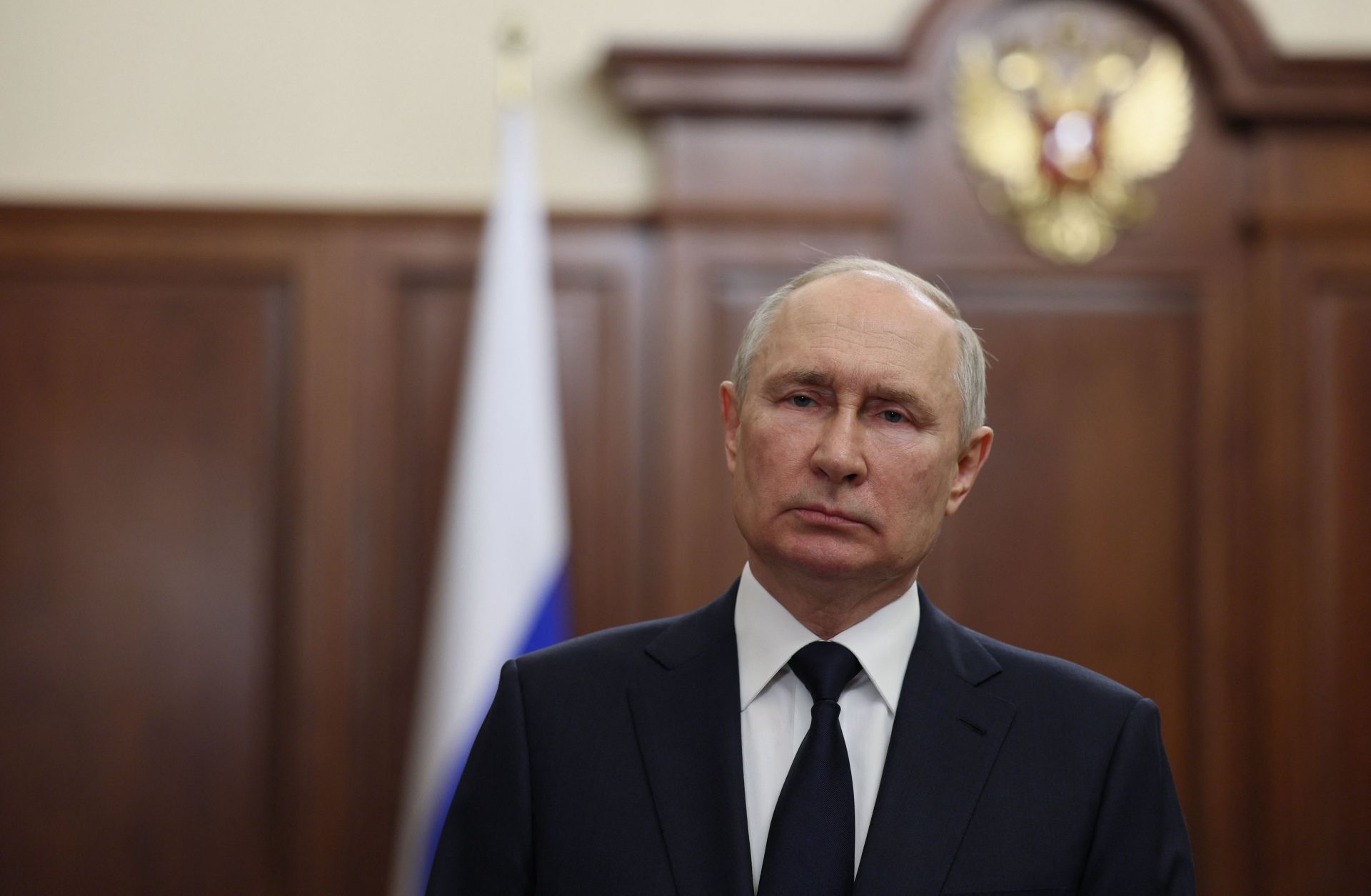 Russian President Vladimir Putin gives a public address in Moscow on June 26, 2023, following an armed rebellion over the weekend launched by Wagner mercenaries. 