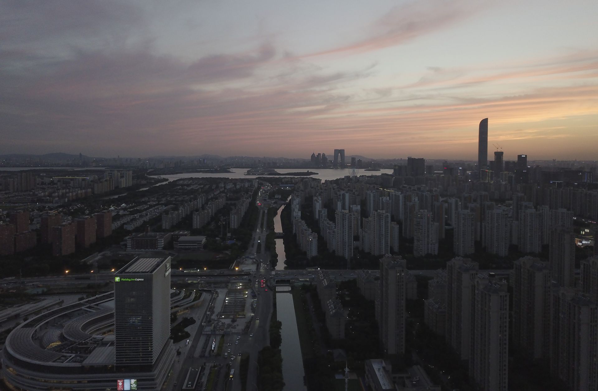 A photo taken on May 31, 2021, shows the skyline of Suzhou, China, at sunset.