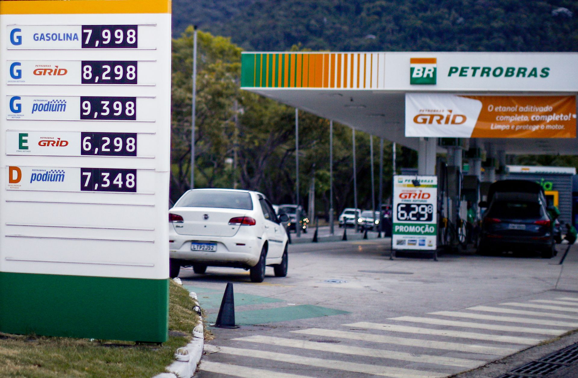 A list of prices is seen at a gas station operated by the Brazilian state-run oil company Petrobras in Rio de Janeiro, Brazil, on March 12, 2022. Petrobras announced fuel price increases due to the Russia-Ukraine conflict, which has spiked global crude prices. 