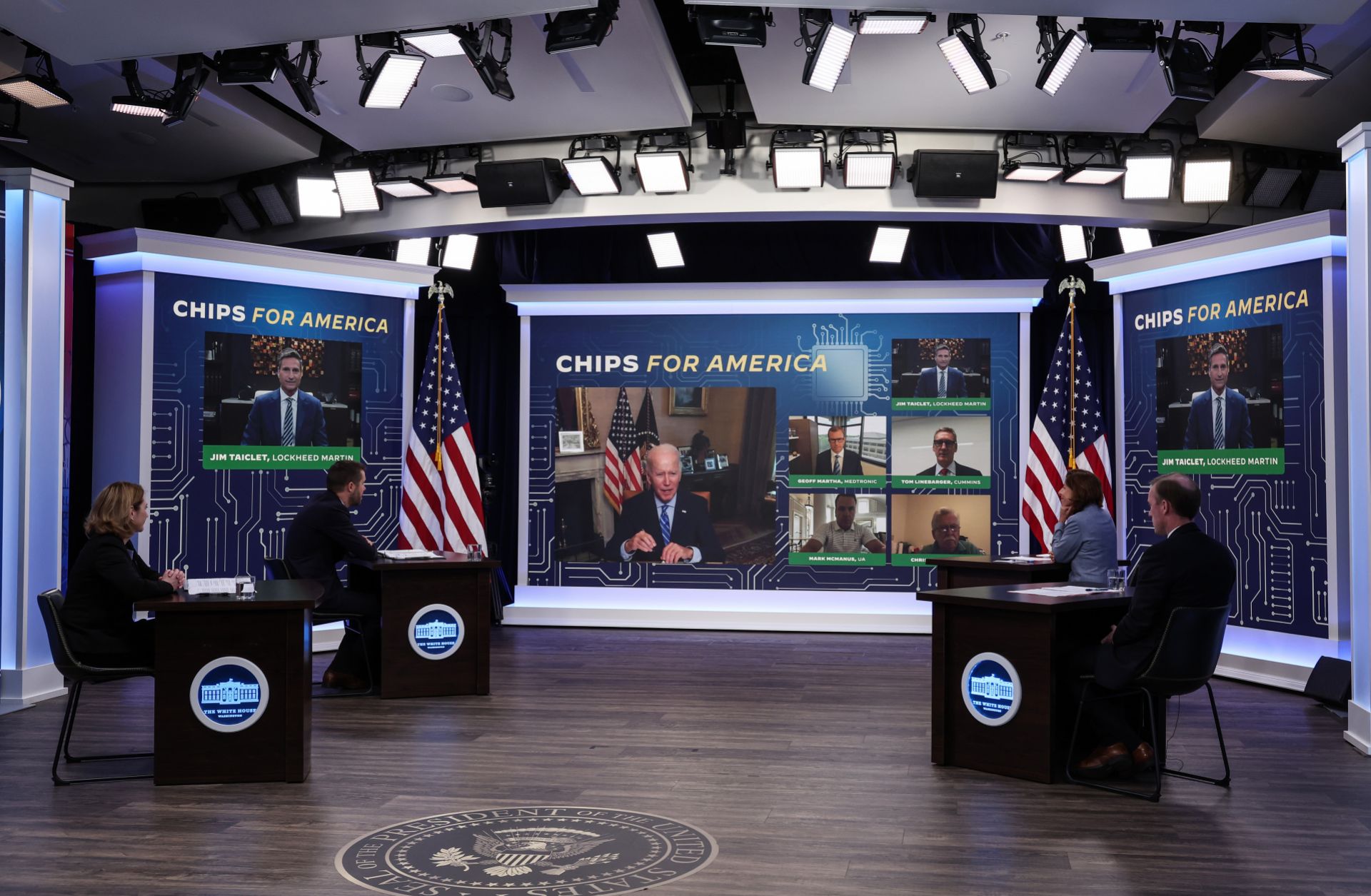 U.S. President Joe Biden participates virtually in a meeting on the Creating Helpful Incentives to Produce Semiconductors (CHIPS) for America Act on July 25, 2022.