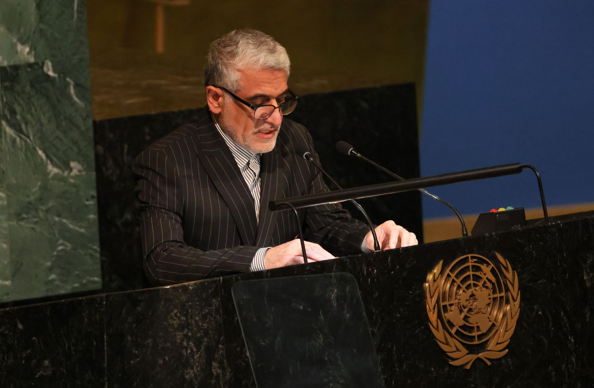 Iran's U.N. Ambassador Amir Saeid Iravani addresses the U.N. General Assembly on November 14, 2022.
