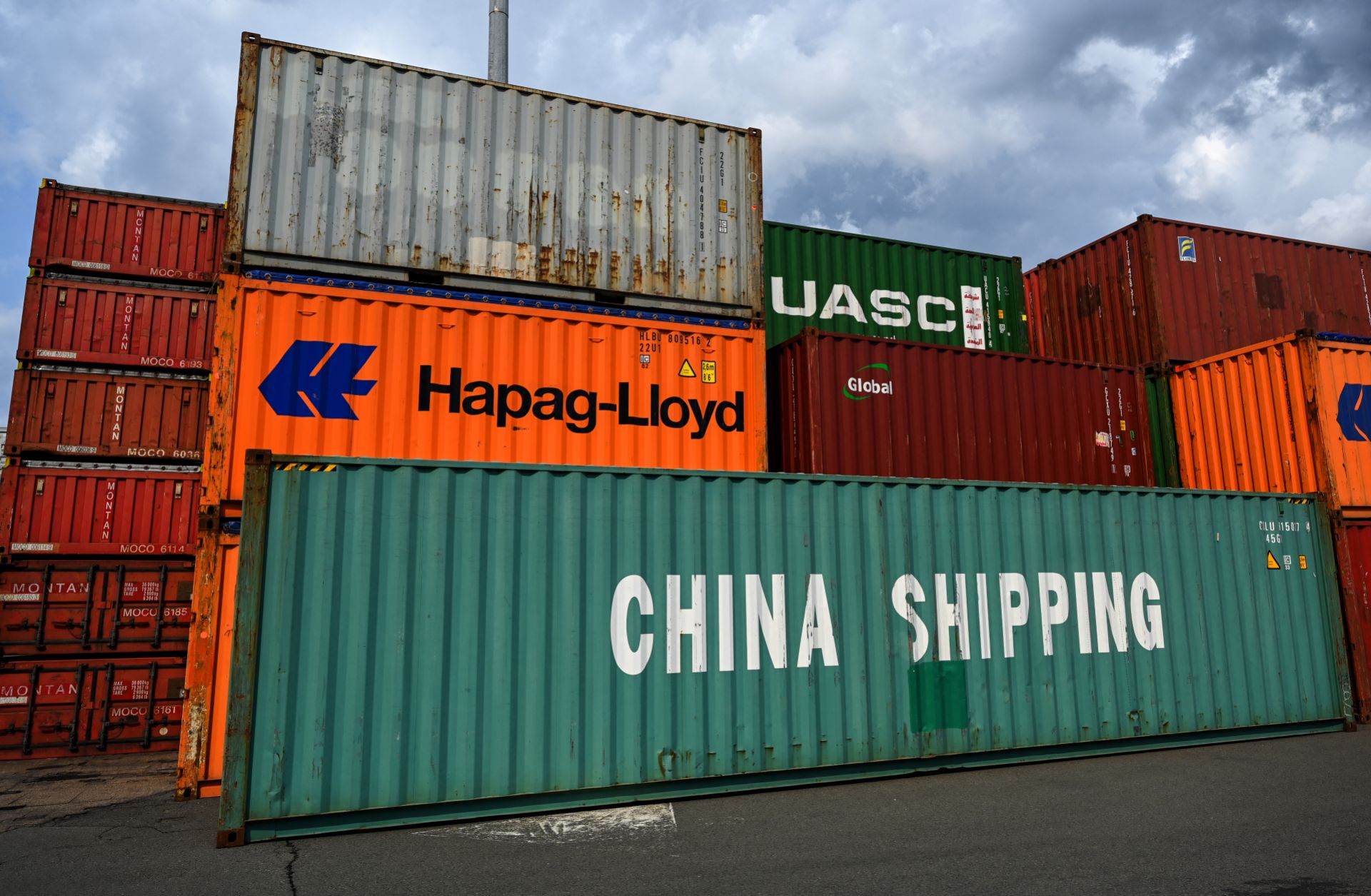 Chinese shipping containers are seen at a seaport terminal in Duisburg, Germany, on July 13, 2023.