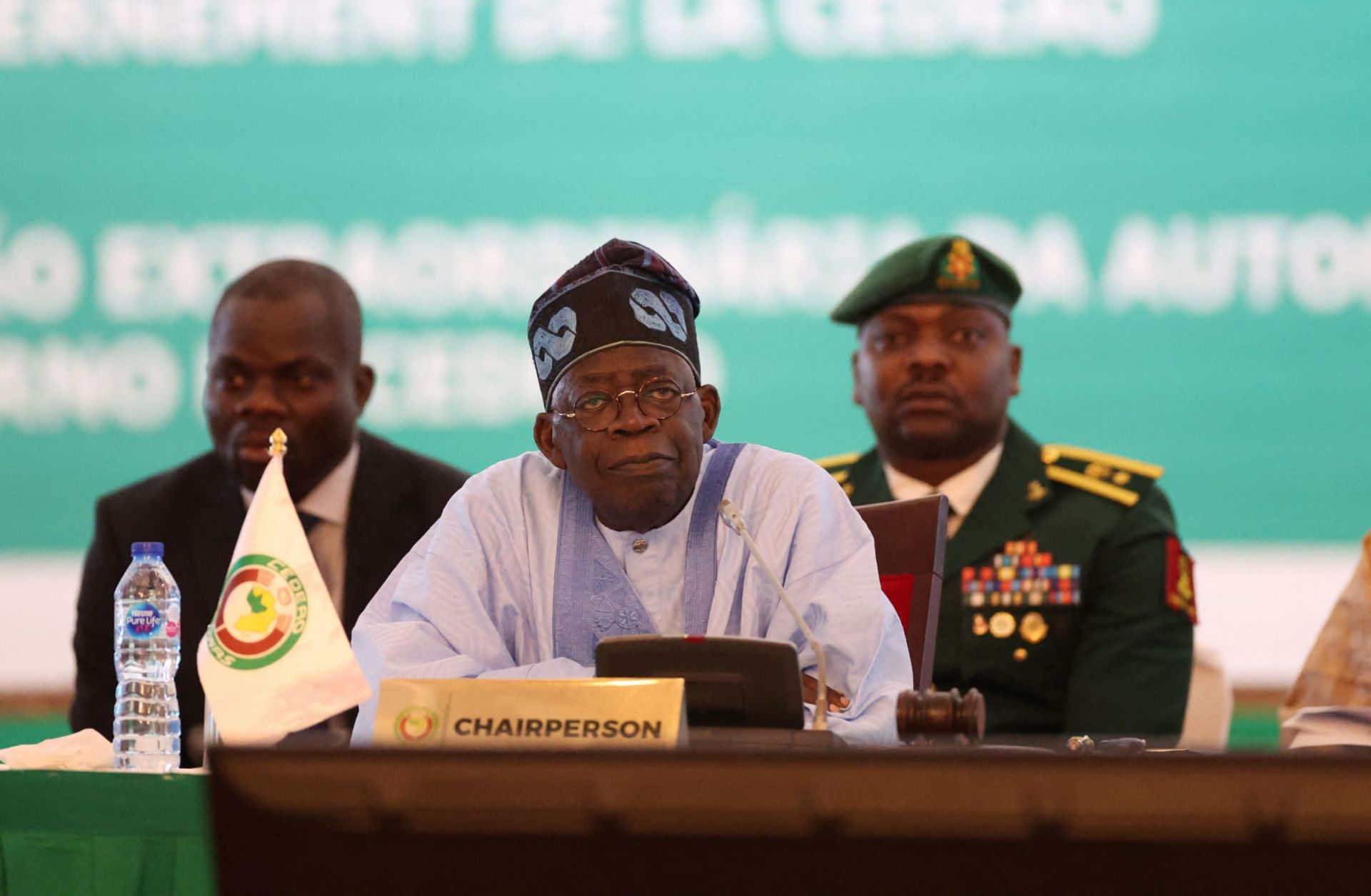 Nigerian President Bola Ahmed Tinubu, who also serves as the chairman of the Economic Community of West African States (ECOWAS), participates in an emergency ECOWAS meeting on July 30, 2023, following the recent coup in Niger.