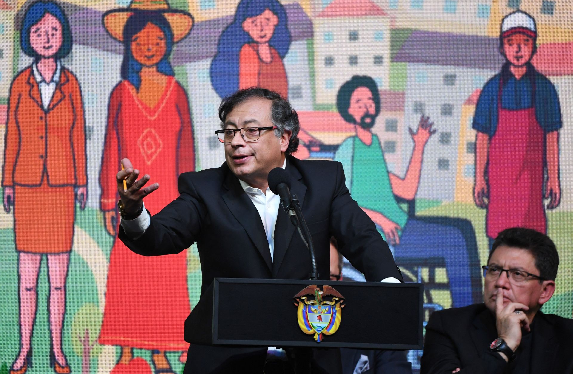 Colombian President Gustavo Petro speaks during a meeting between the government, the National Liberation Army (ELN) guerrilla leadership and civil organizations in Bogota, Colombia, on Aug. 3, 2023. 