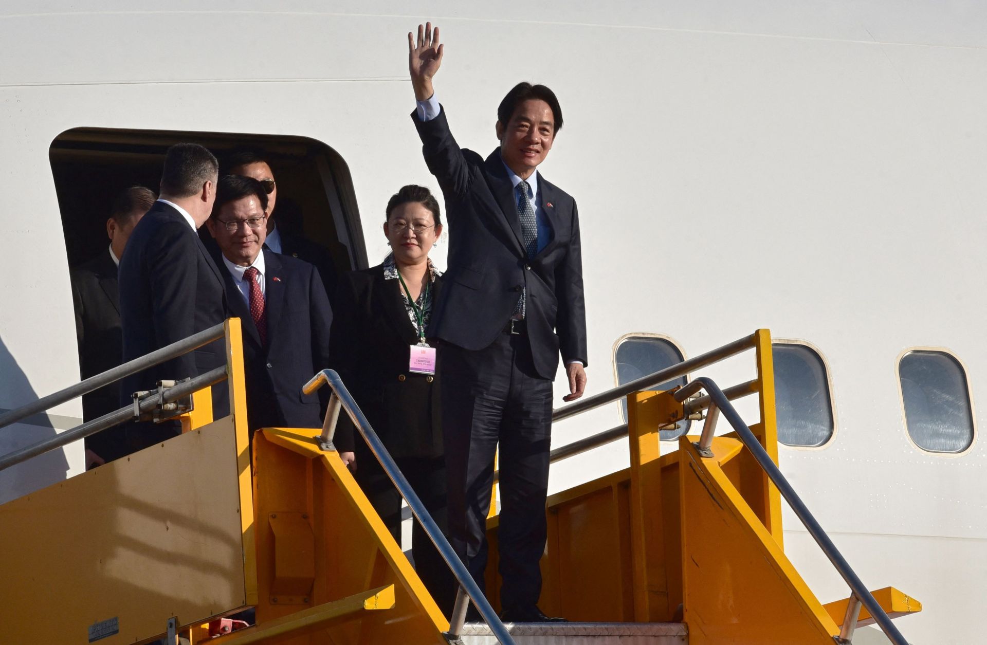 Taiwanese Vice President William Lai waves upon landing in Luque, Paraguay, on Aug. 14, 2023, to attend the inauguration of President-elect Santiago Pena.