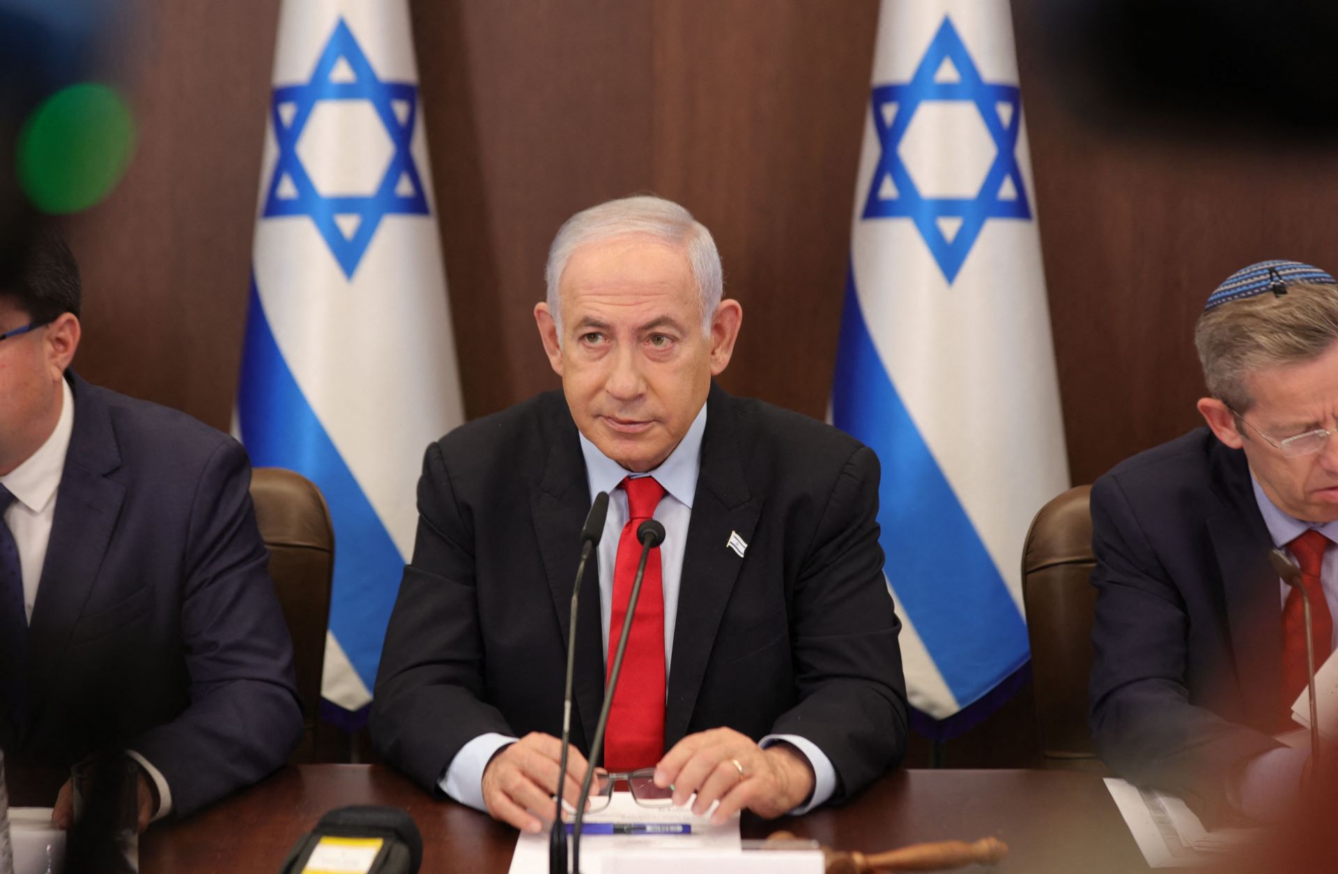 Israeli Prime Minister Benjamin Netanyahu attends the weekly cabinet meeting at his office in Jerusalem on Sept. 27, 2023. 