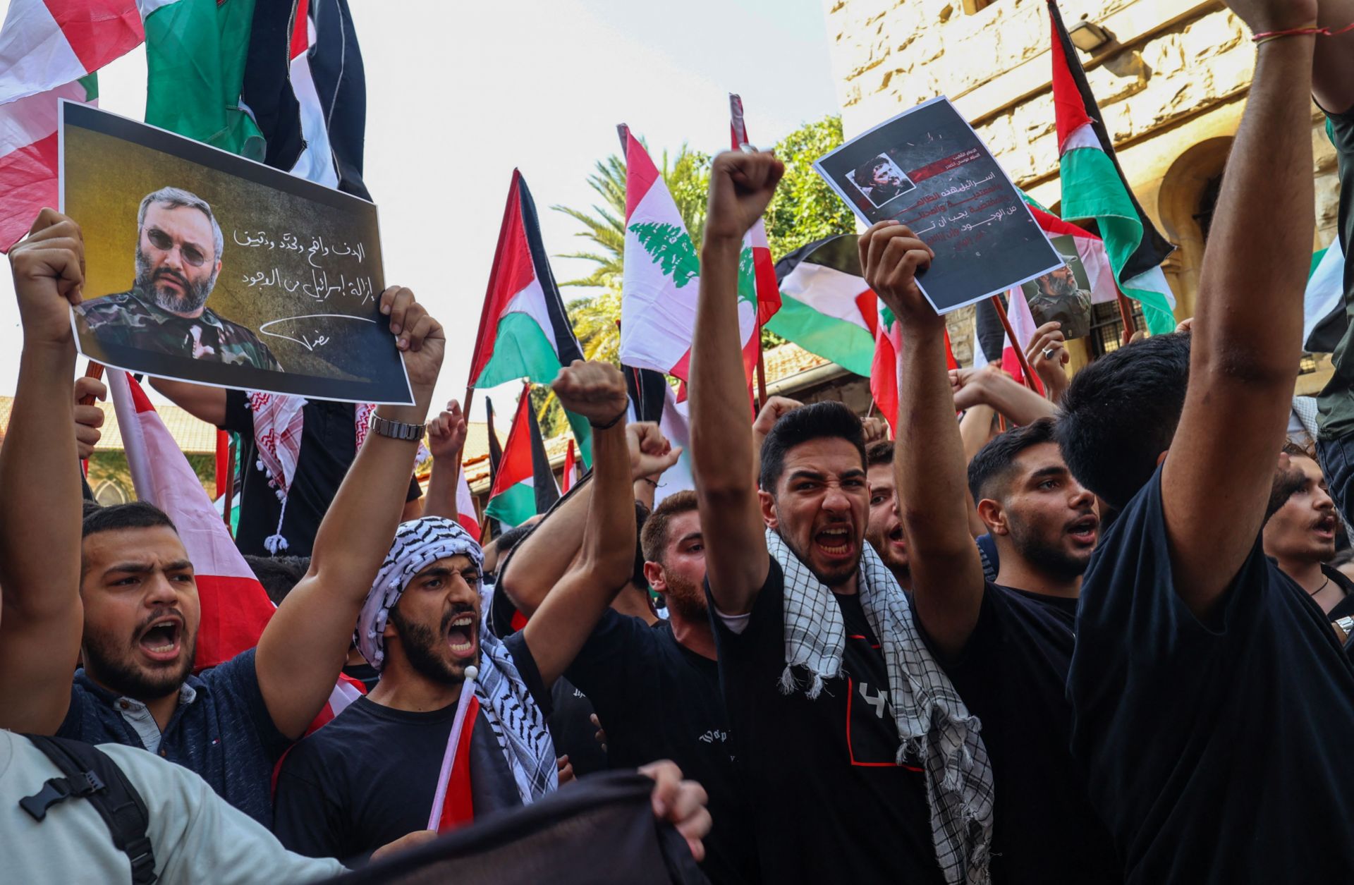 Students from the American University of Beirut (AUB) rally in support of Palestinians outside the main gate of the university in the Lebanese capital on Oct. 9, 2023. 