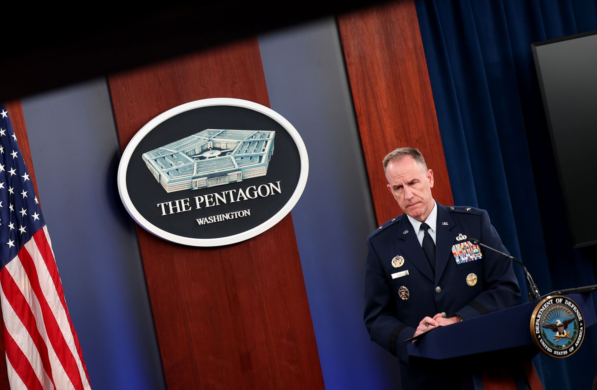 Air Force Brig. Gen. Pat Ryder, Pentagon press secretary, answers questions about the Israel-Hamas war during a press conference on Oct. 19, 2023, in Arlington, Virginia. 