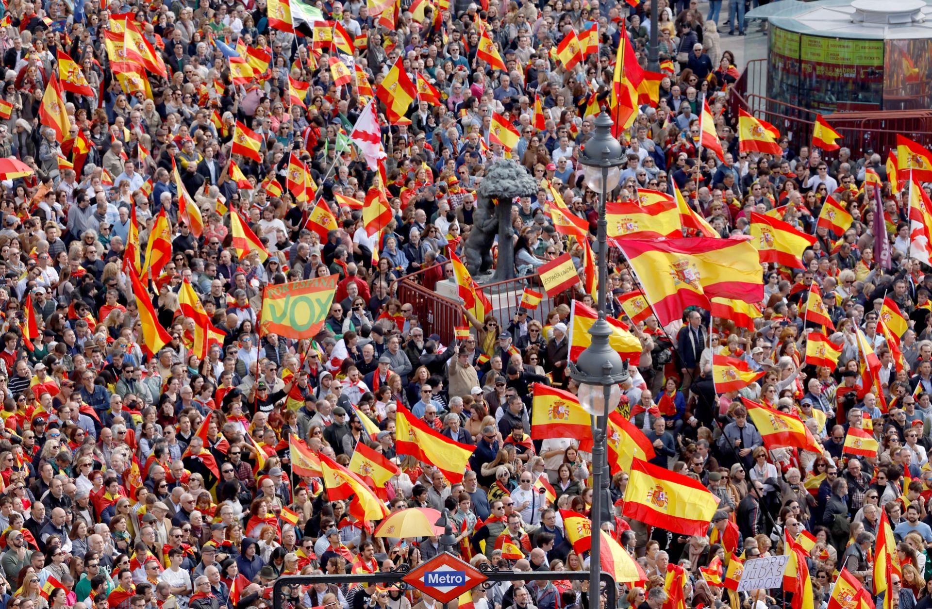 Demonstrators hold Spanish flags during a protest called by the country’s far-right Vox party in Madrid, Spain, on Nov. 12, 2023. 