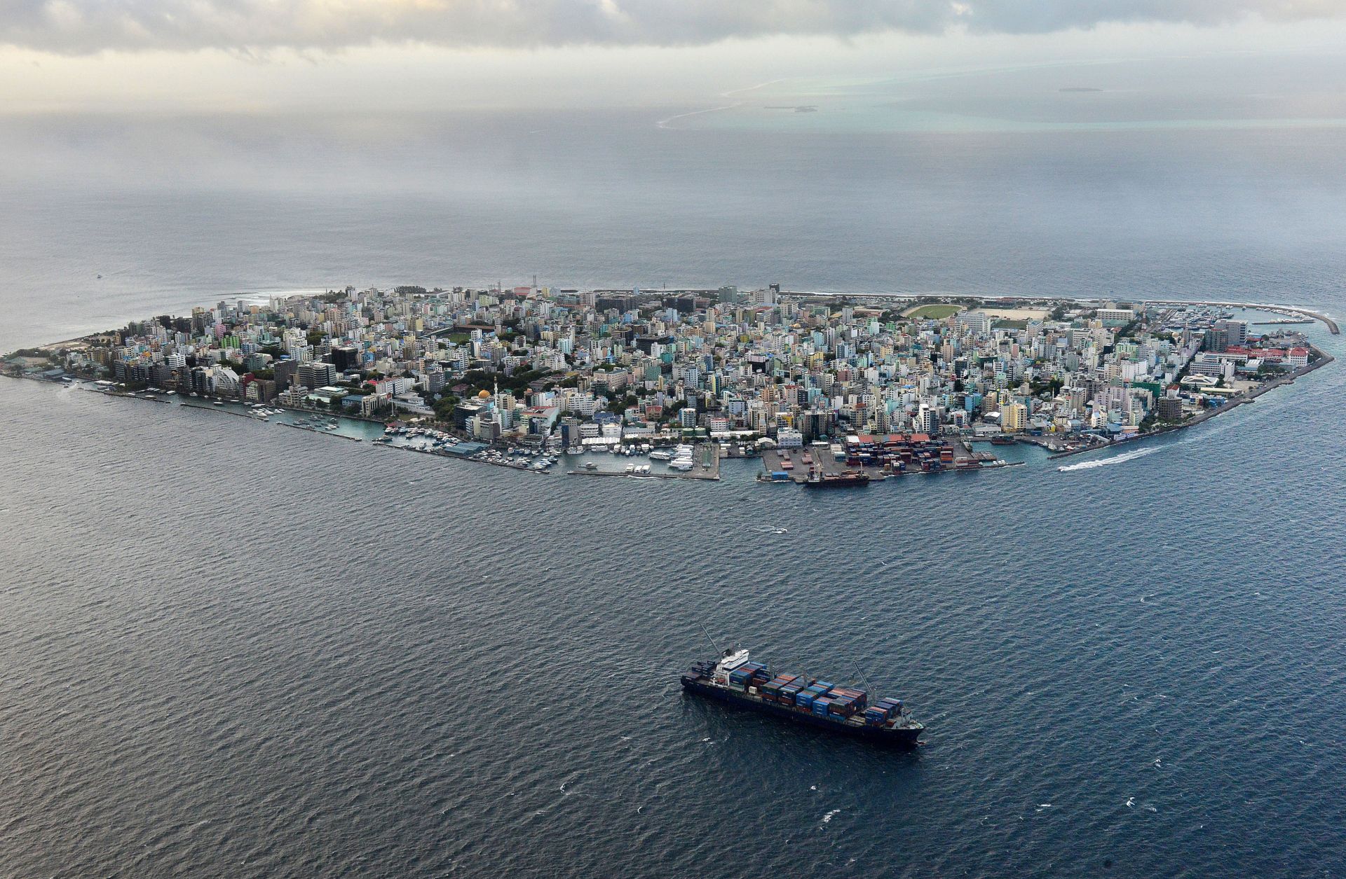An aerial view of the island of Male, which is the capital of the Maldives.