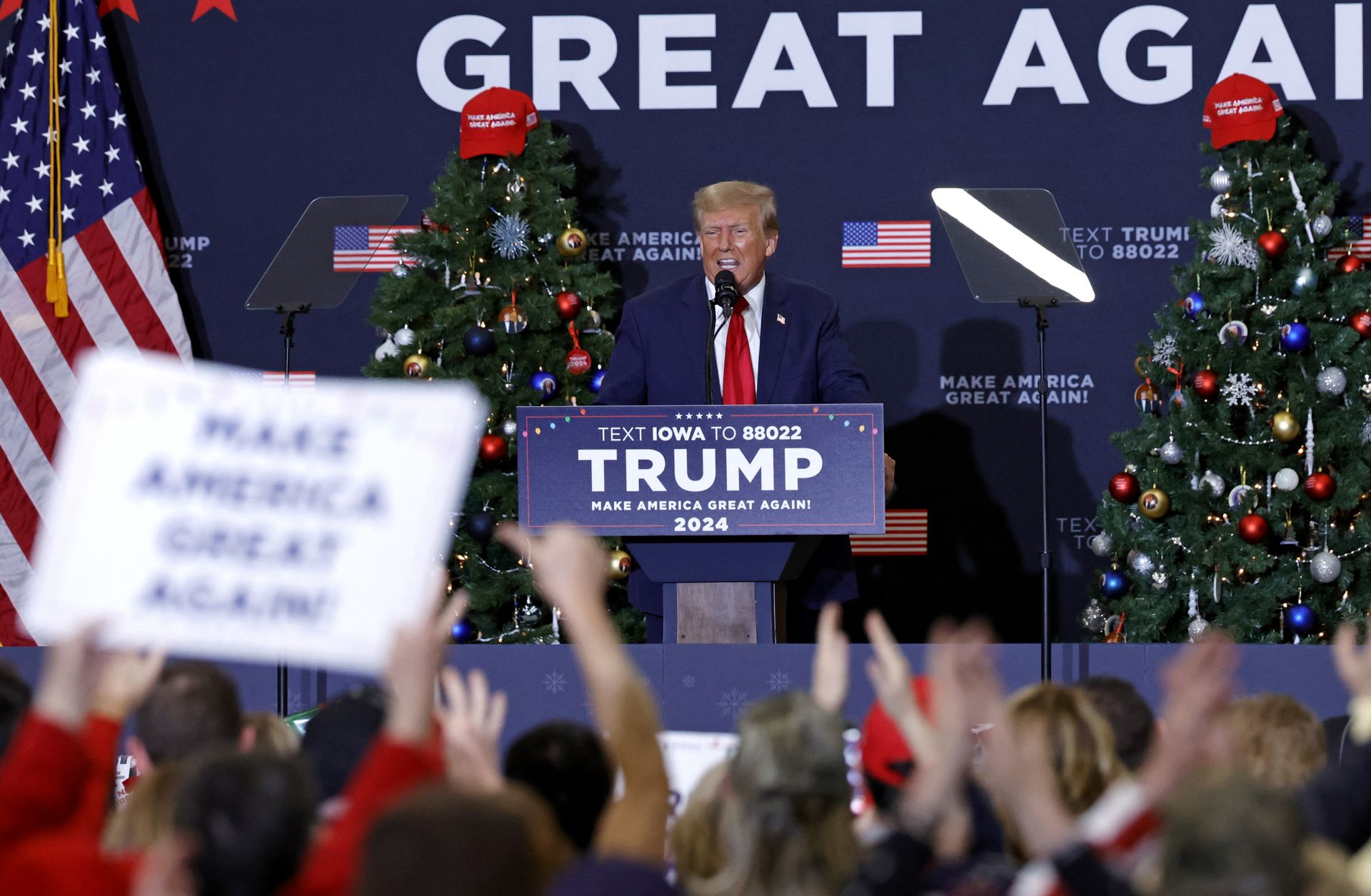 Former U.S. president and 2024 presidential hopeful Donald Trump speaks during a campaign event in Waterloo, Iowa, on Dec. 19, 2023. That same day, a Colorado court ruled Trump could not appear on the state's presidential primary ballot due to his involvement in the U.S. Capitol riot in January 2021. 