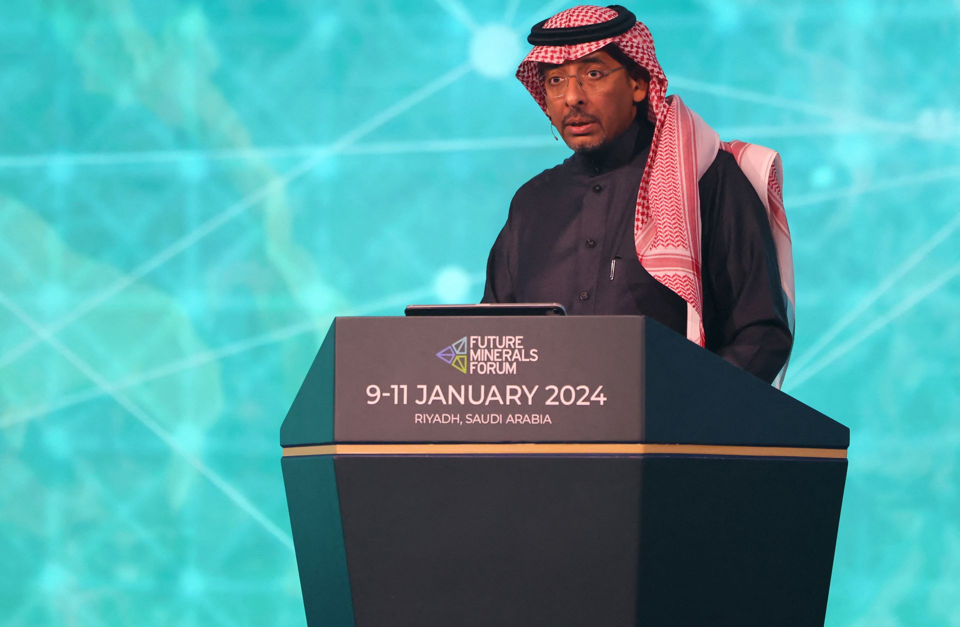 Saudi Mining and Industry Minister Bandar Al-Khorayef addresses the Future Mineral Forum in Riyadh on Jan. 10, 2024. 