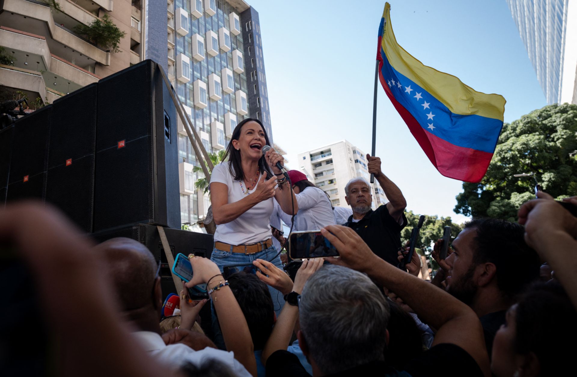 Maria Corina Machado, the leading opposition candidate in Venezuela's 2024 presidential race, speaks to supporters during a rally in Caracas on Jan. 23, 2024. 