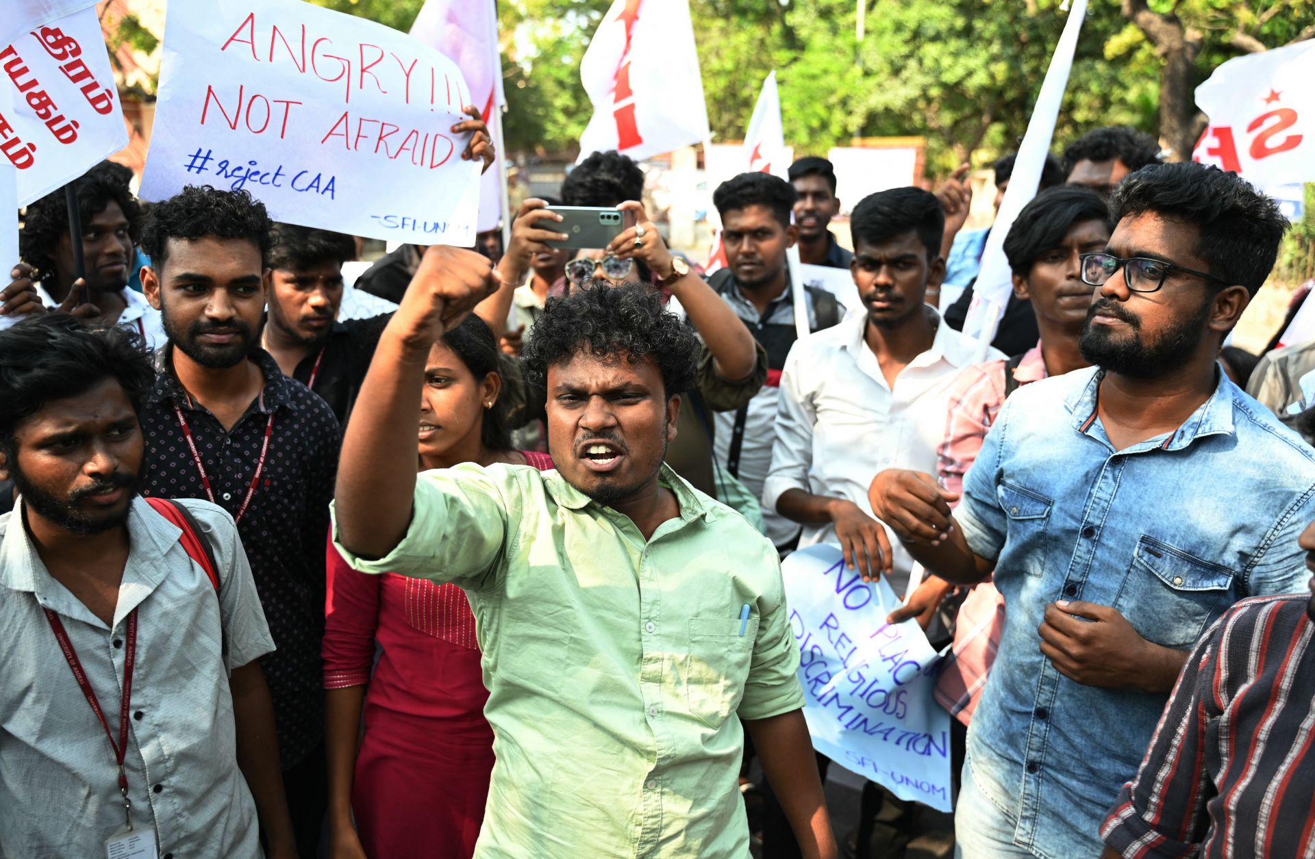 Members of the Students Federation of India (SFI) protest against the implementation of the Citizenship Amendment Act (CAA) in Chennai, India, on March 12, 2024. 