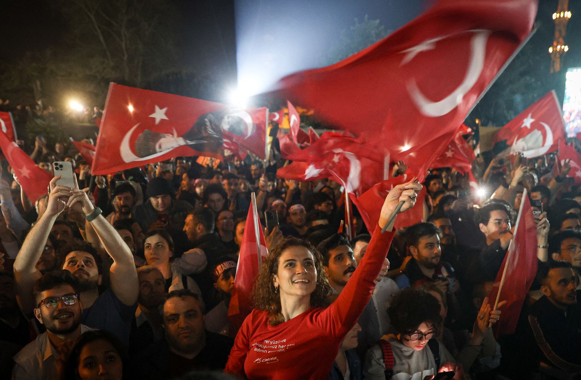 Opposition supporters celebrate Ekrem Imamoglu's reelection as Istanbul's mayor at the Republican People's Party Istanbul Provincial Directorate on April 1, 2024, in Istanbul, Turkey.