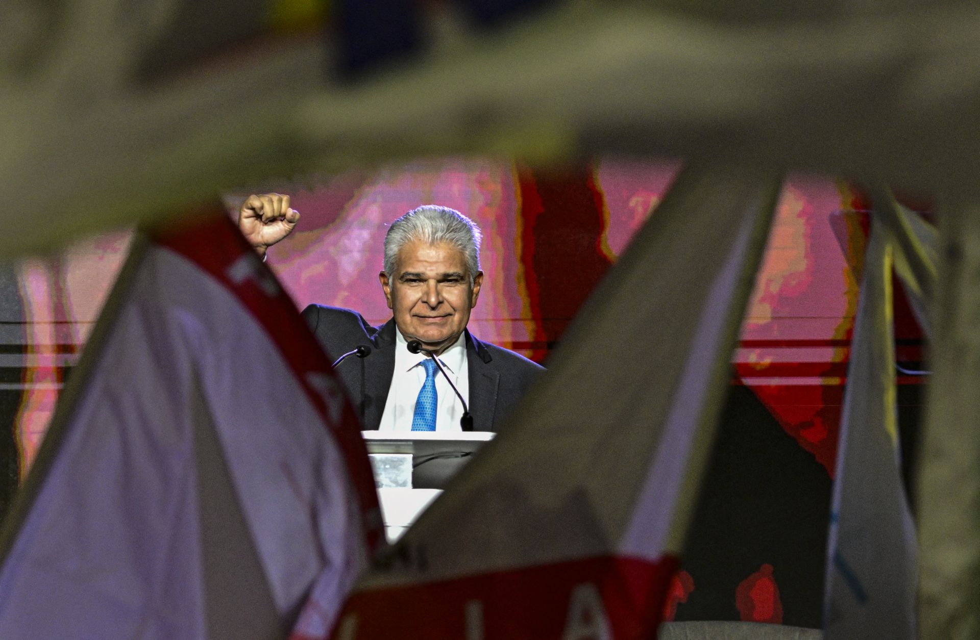Panama presidential candidate Jose Raul Mulino of the conservative Realizing Goals party gestures during a campaign rally in Panama City on April 28, 2024. 